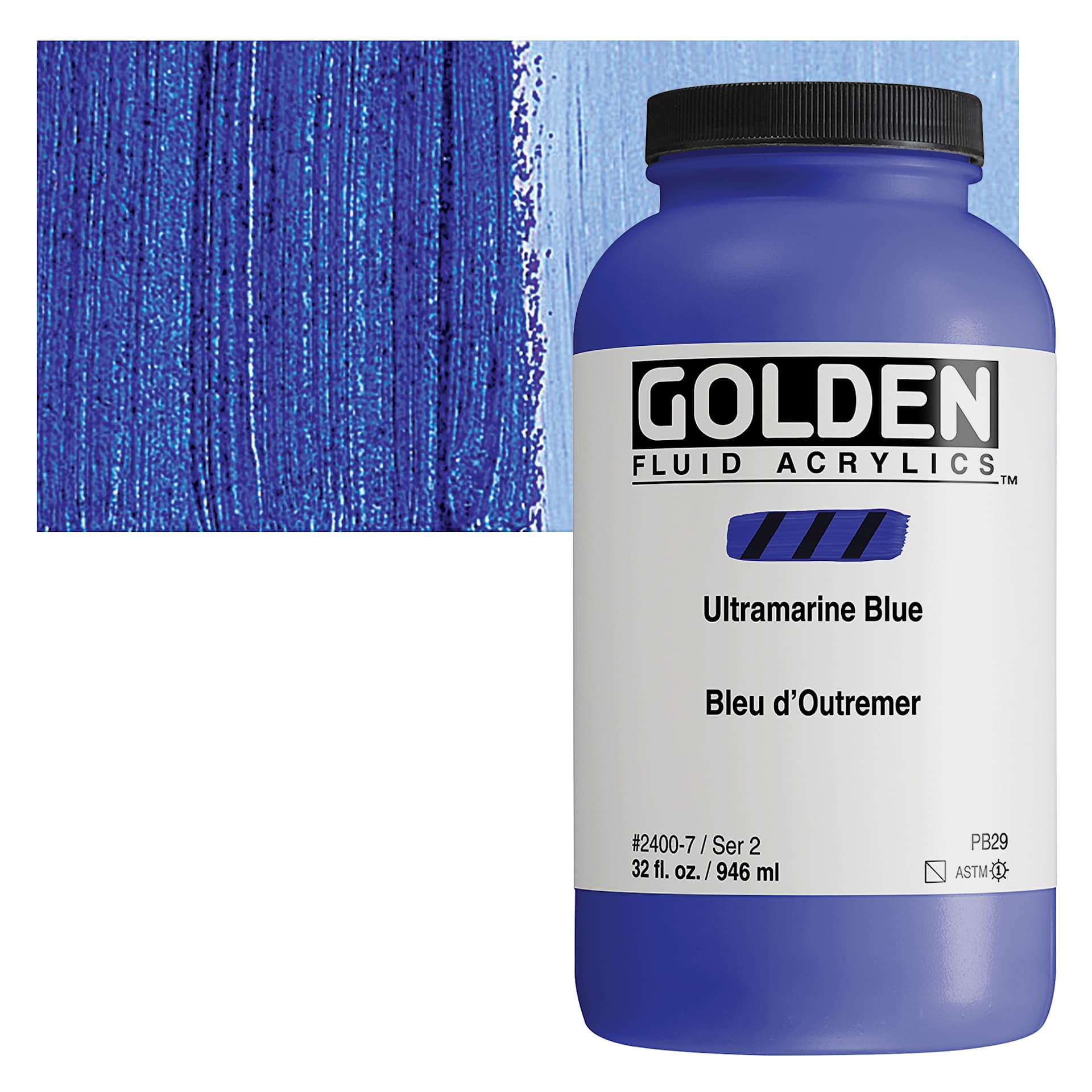 Golden Fluid Acrylic - Ultramarine Blue, 32 oz bottle and swatch