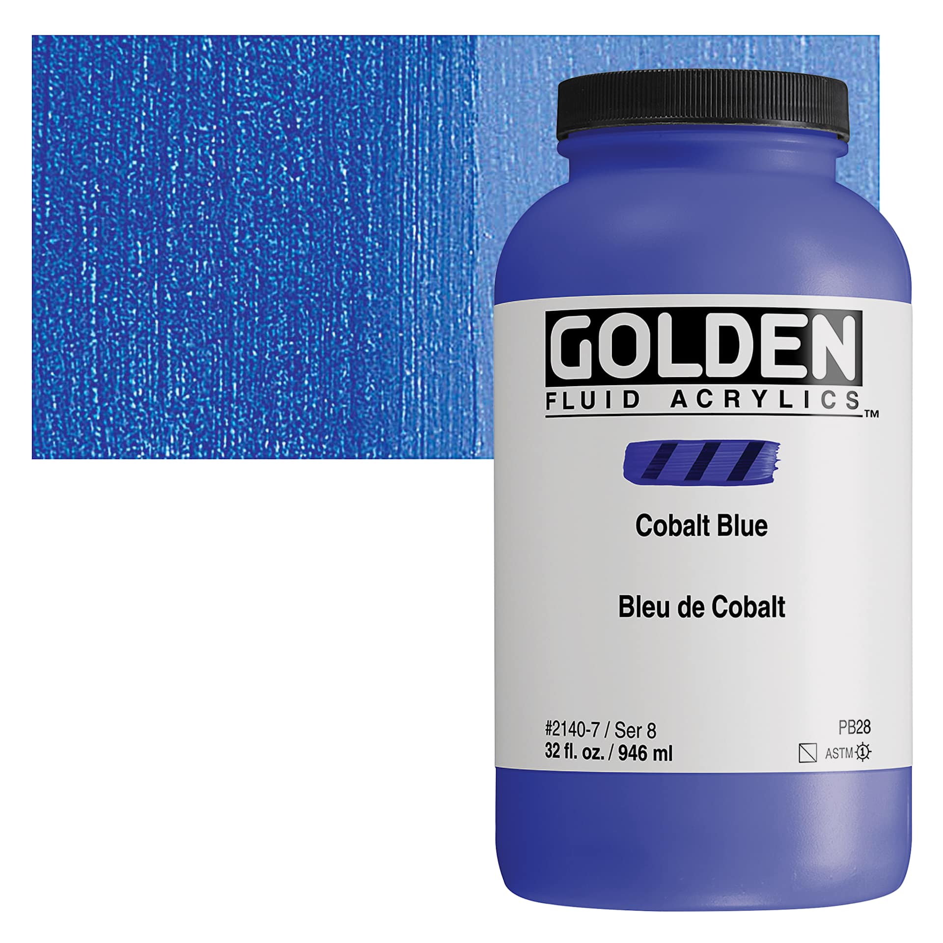 Golden Fluid Acrylic - Cobalt Blue, 32 oz bottle and swatch