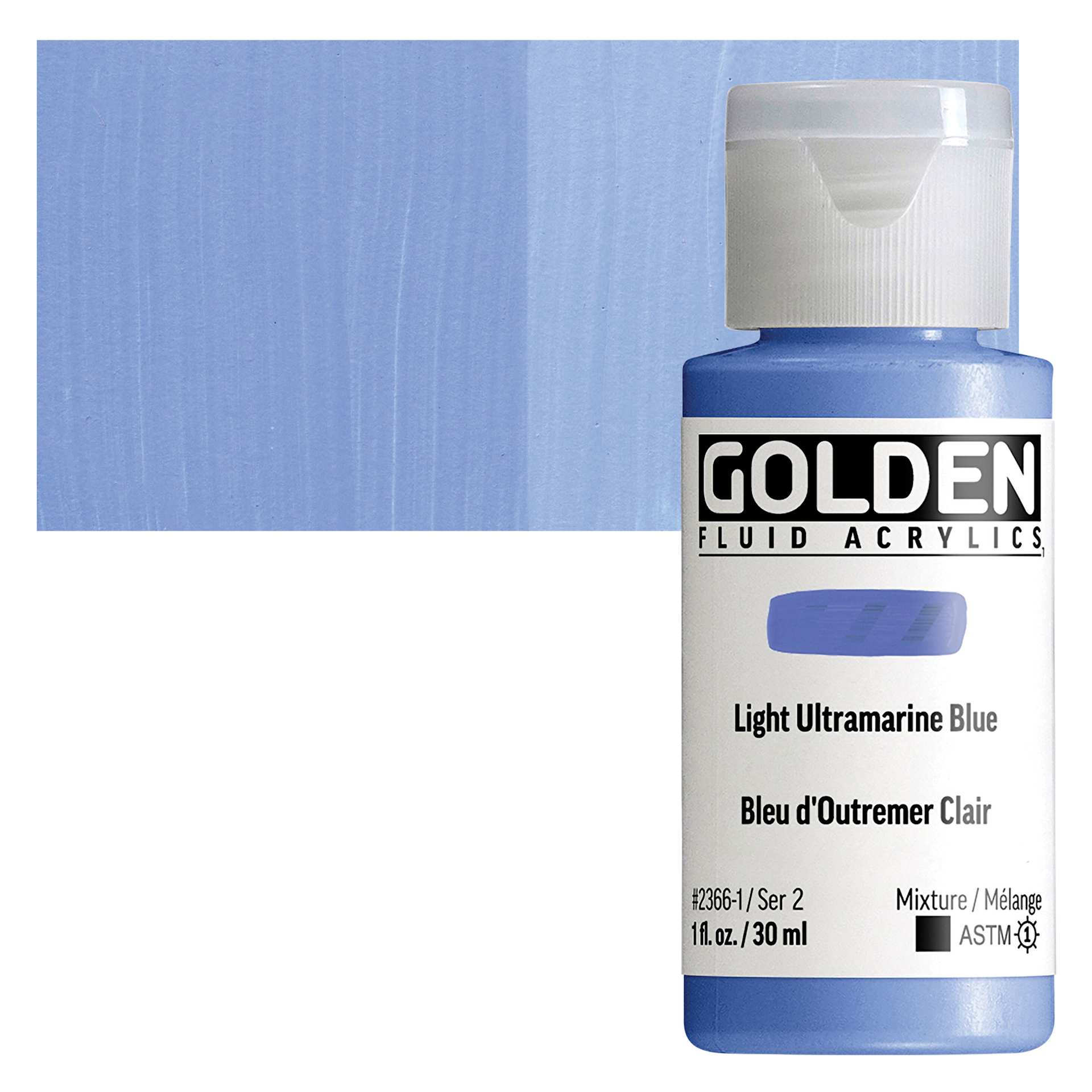 Golden Fluid Acrylic - Light Ultramarine Blue, 4 oz bottle and swatch