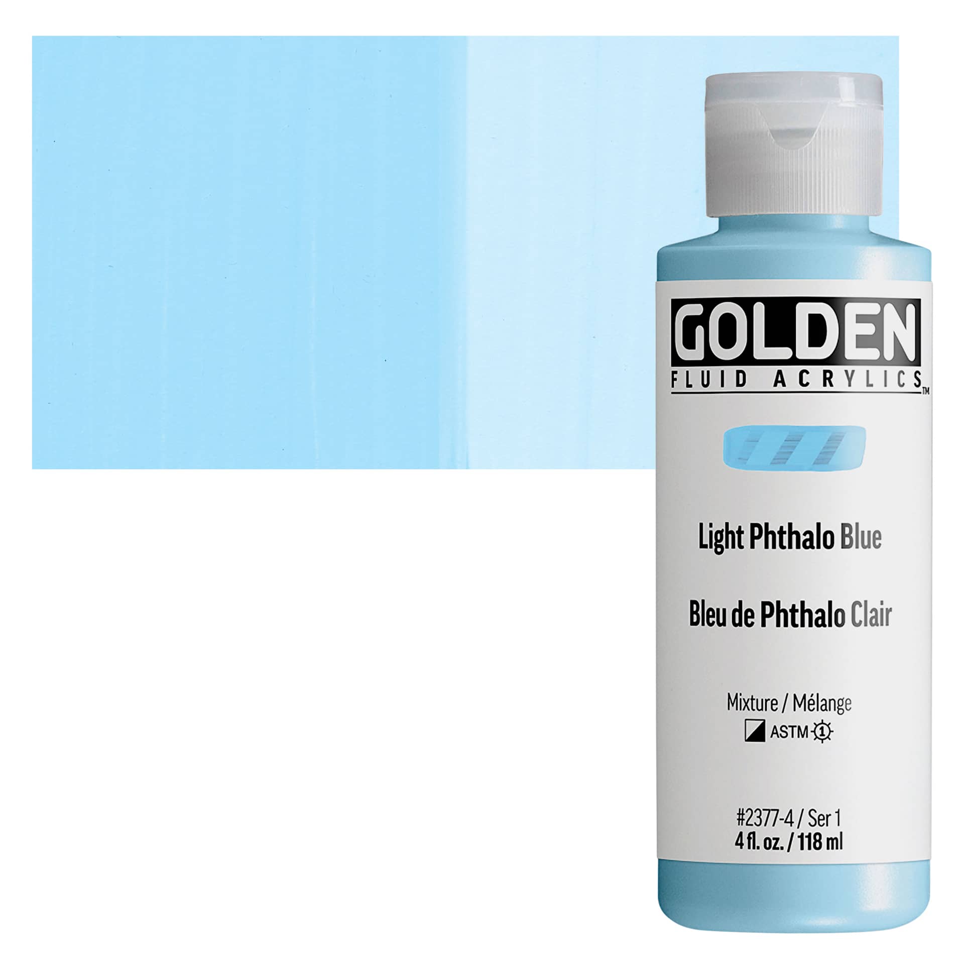 Golden Fluid Acrylic - Light Phthalo Blue, 4 oz bottle and swatch