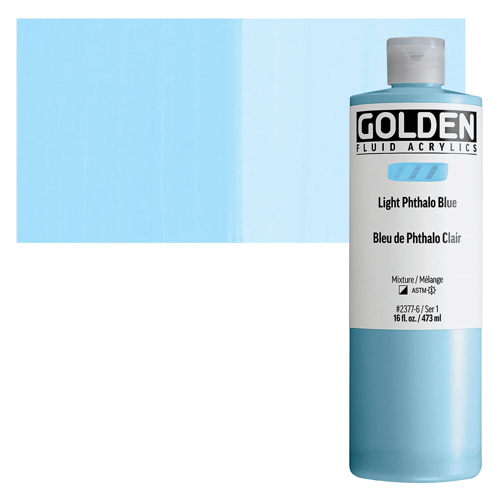Golden Fluid Acrylic - Light Phthalo Blue, 16 oz Bottle and swatch