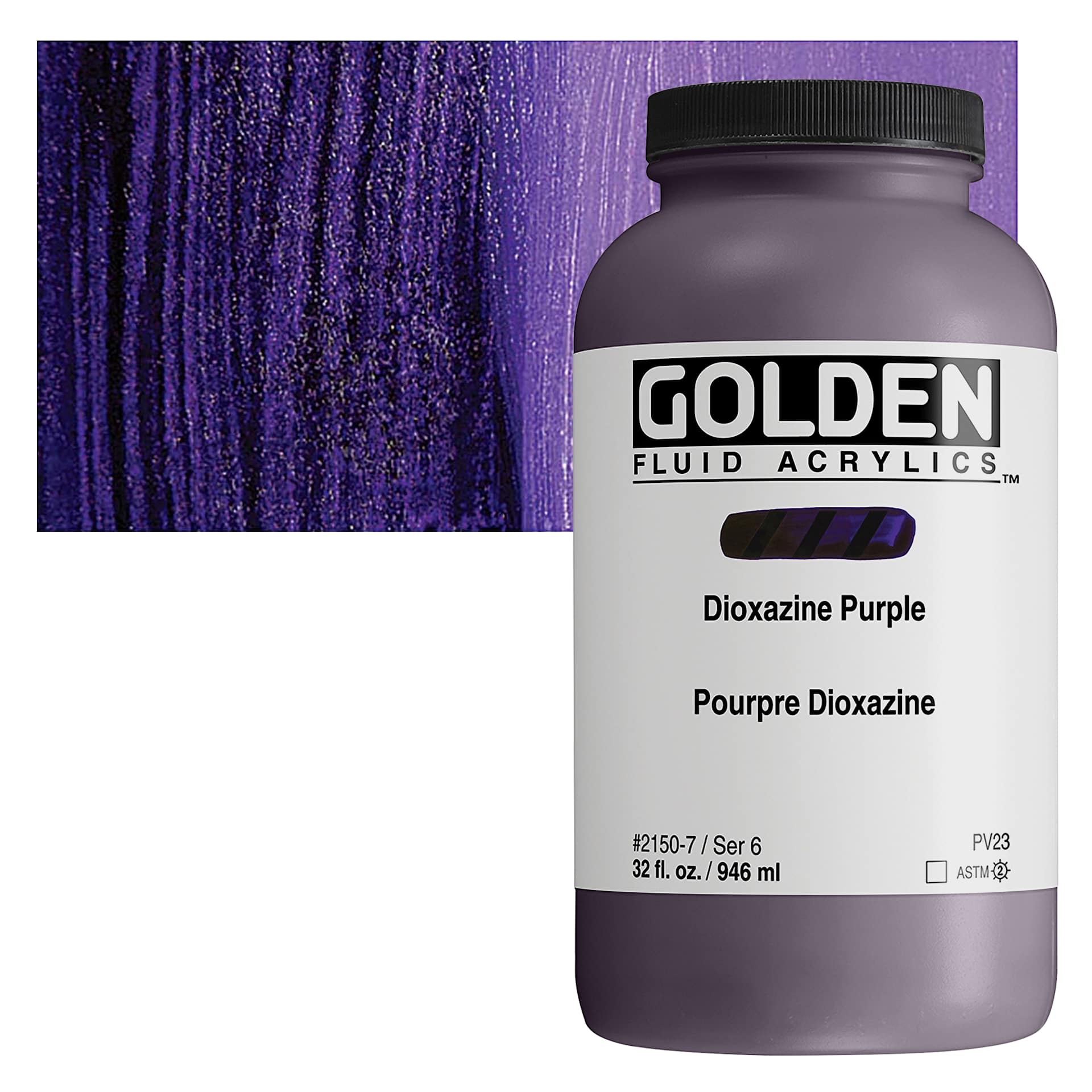 Golden Fluid Acrylic - Dioxazine Purple, 32 oz bottle and swatch