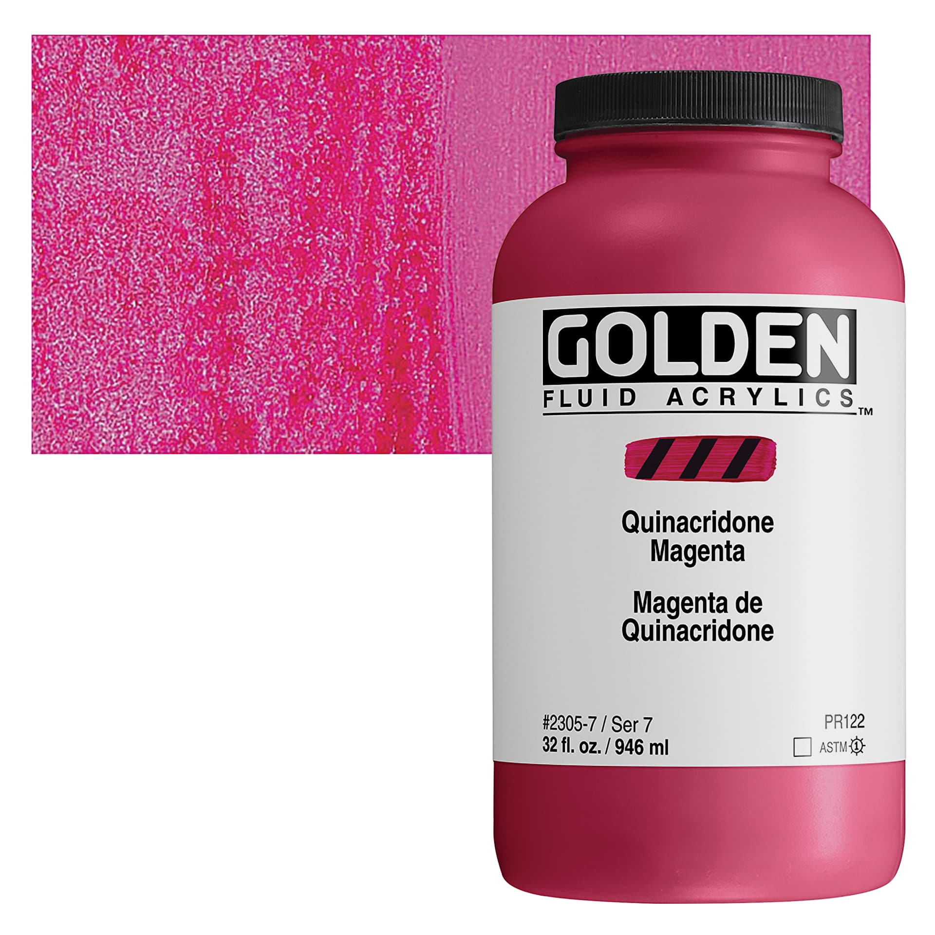 Golden Fluid Acrylic - Quinacridone Magenta, 32 oz bottle and swatch