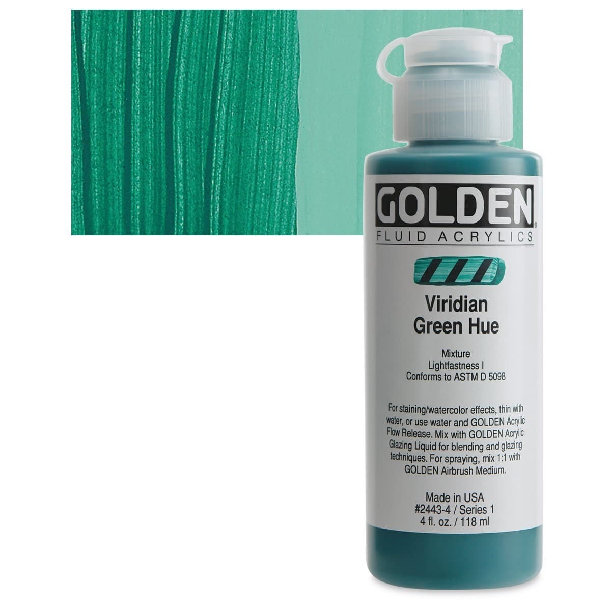 Golden Fluid Acrylic - Viridian Green Historical Hue, 4 oz bottle and swatch