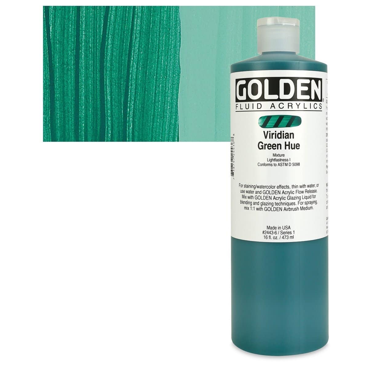 Golden Fluid Acrylic - Viridian Green Historical Hue, 16 oz bottle and swatch