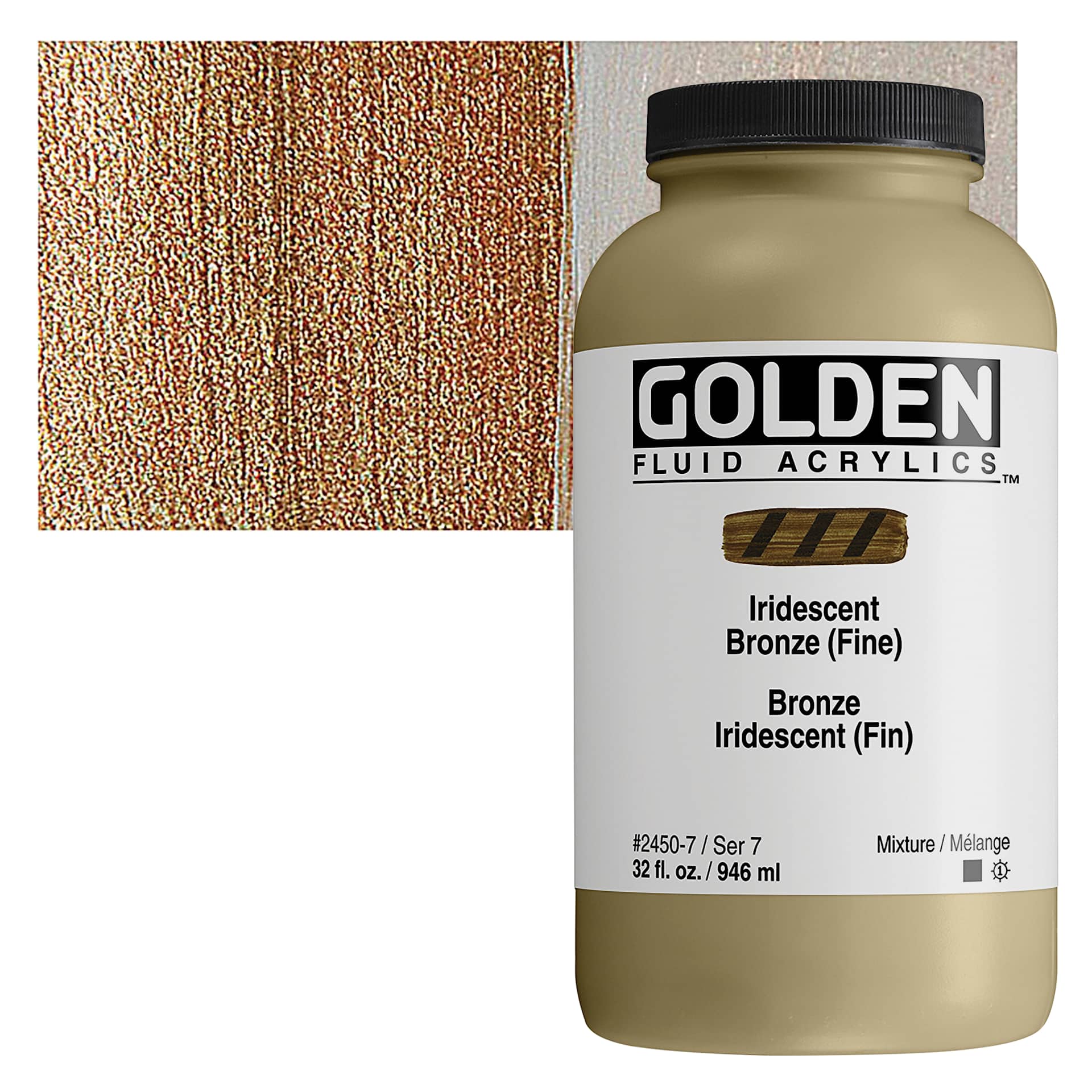 Golden Fluid Acrylic - Iridescent Bronze (Fine), 32 oz bottle and swatch