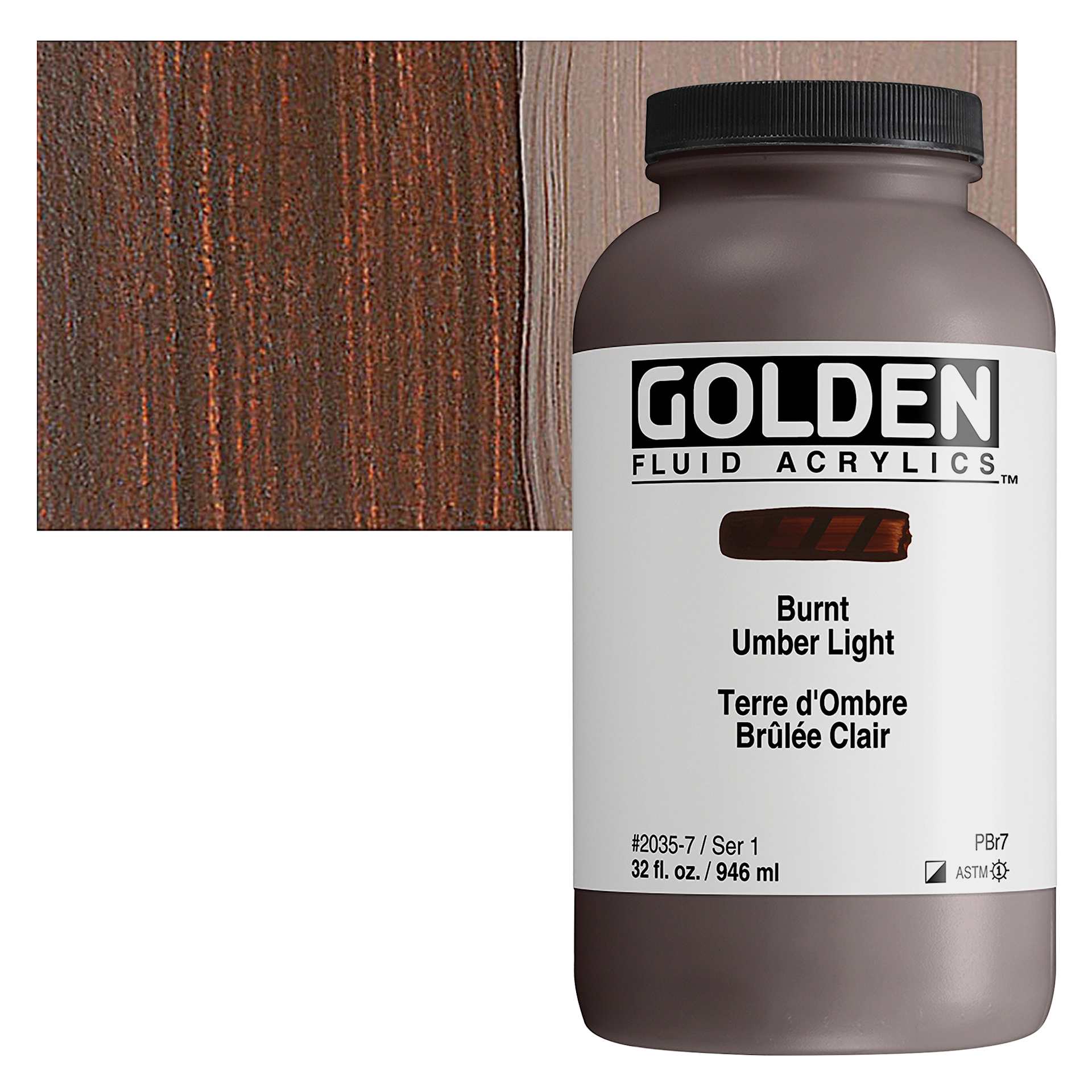 Golden Fluid Acrylic - Burnt Umber Light, 32 oz bottle and swatch