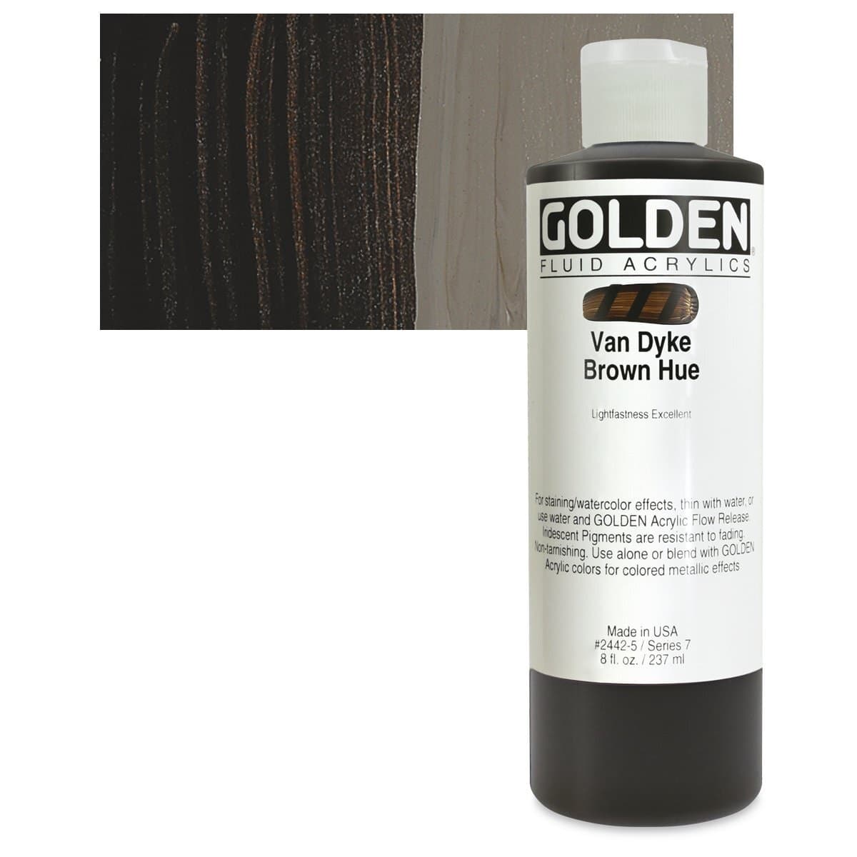 Golden Fluid Acrylic - Van Dyke Brown Historical Hue, 8 oz bottle and swatch