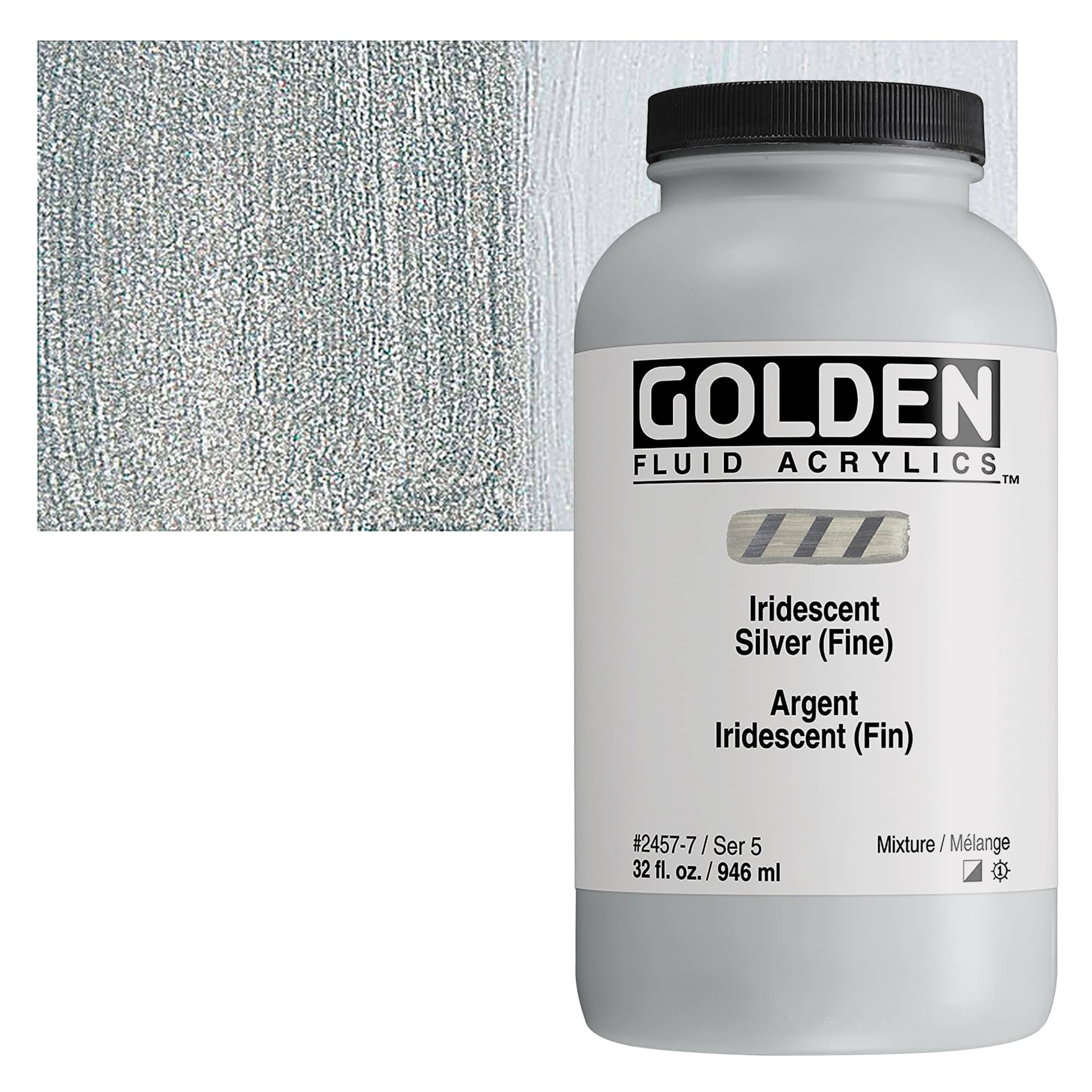 Golden Fluid Acrylic - Iridescent Silver (Fine), 32 oz bottle and swatch
