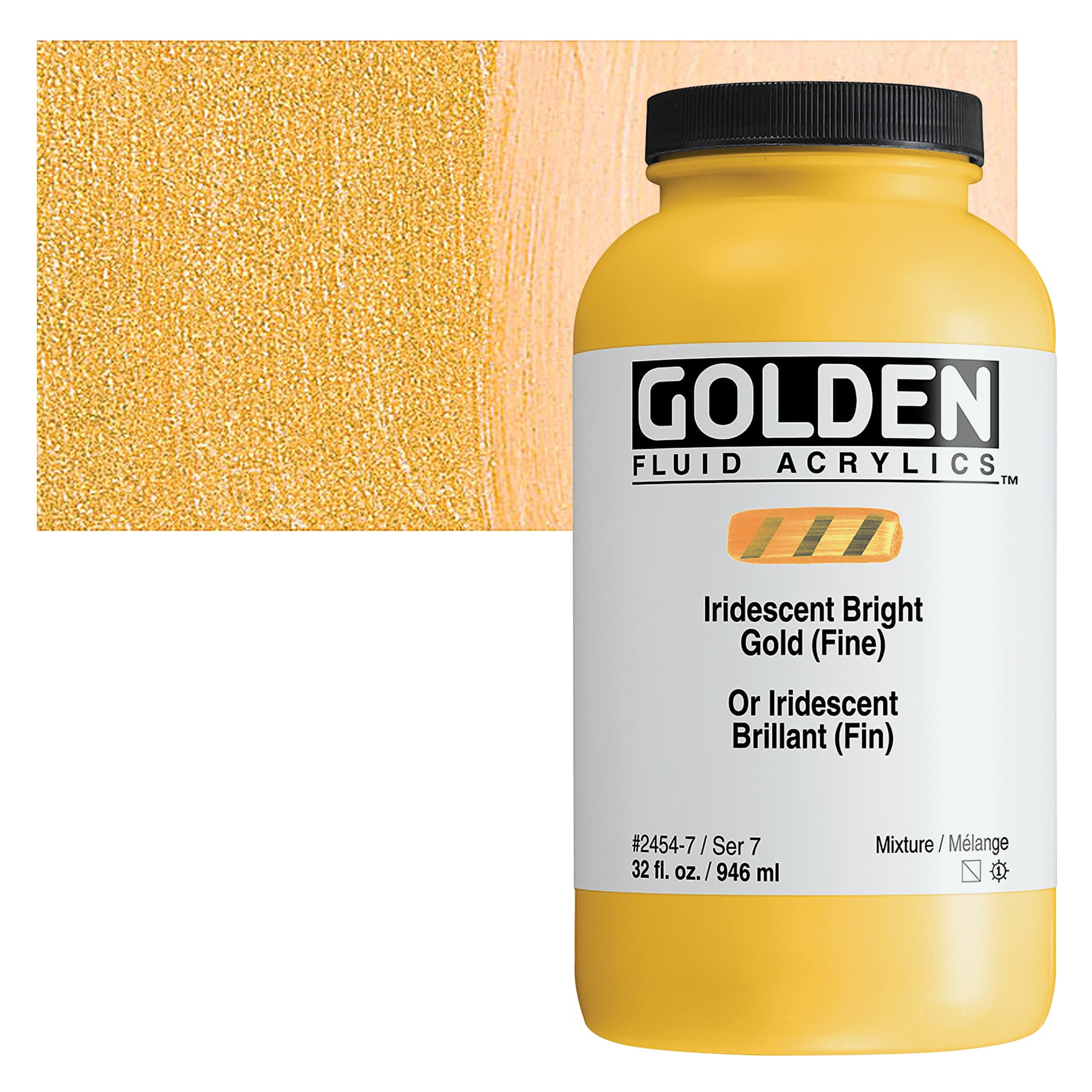 Golden Fluid Acrylic - Iridescent Bright Gold (Fine), 32 oz bottle and swatch