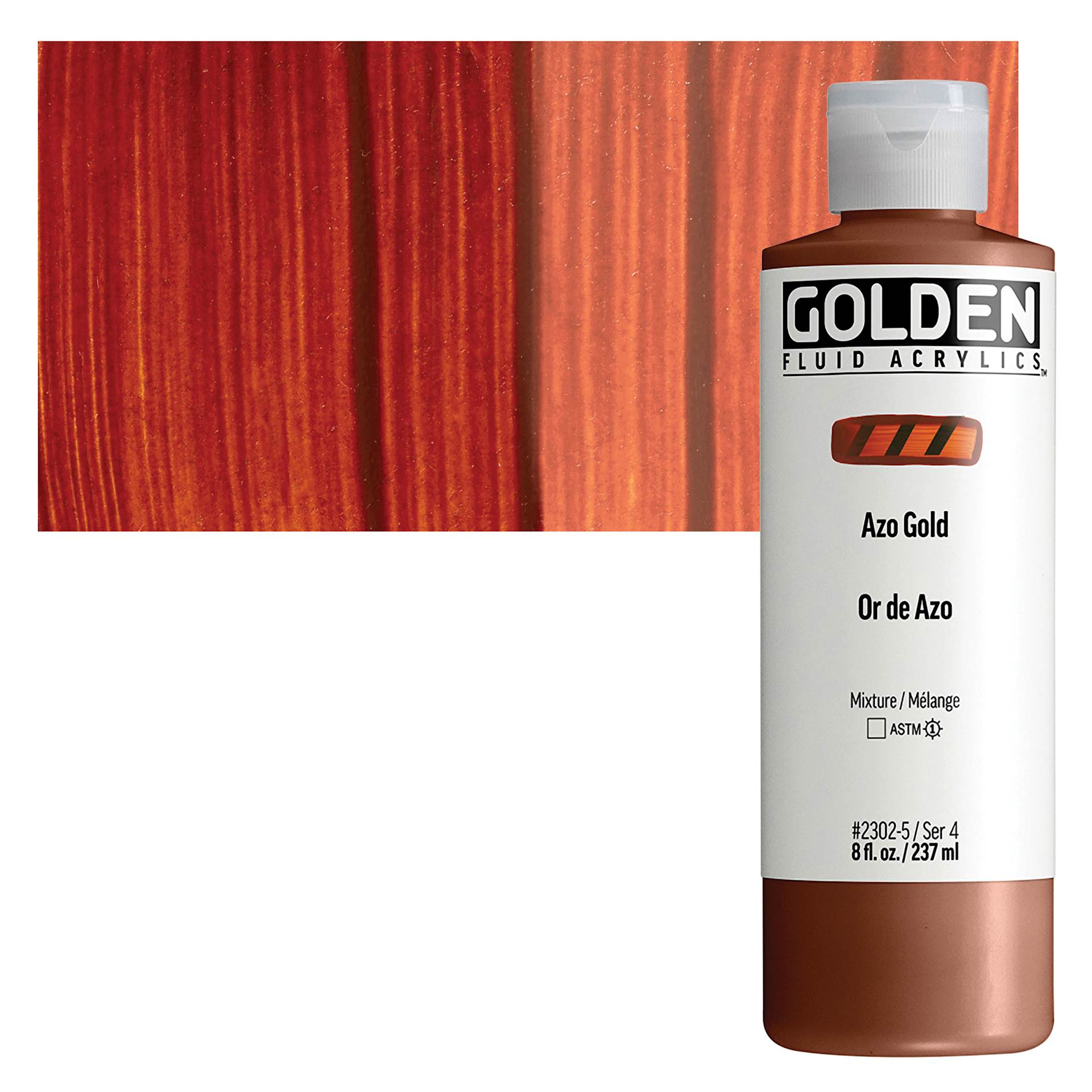 Golden Fluid Acrylic - Azo Gold, 8 oz bottle and swatch