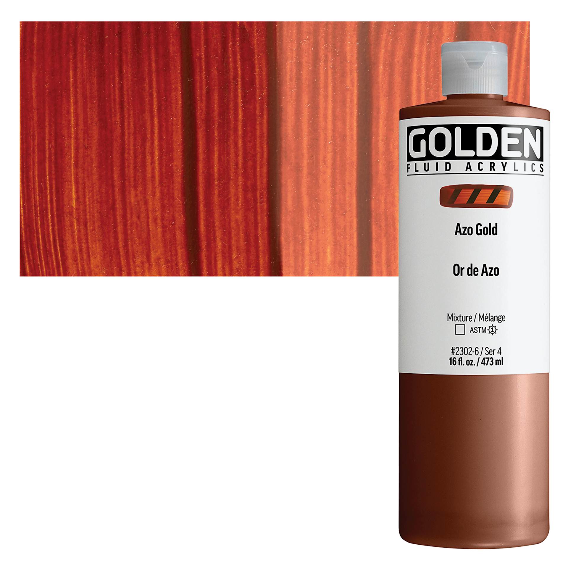 Golden Fluid Acrylic - Azo Gold, 16 oz bottle and swatch