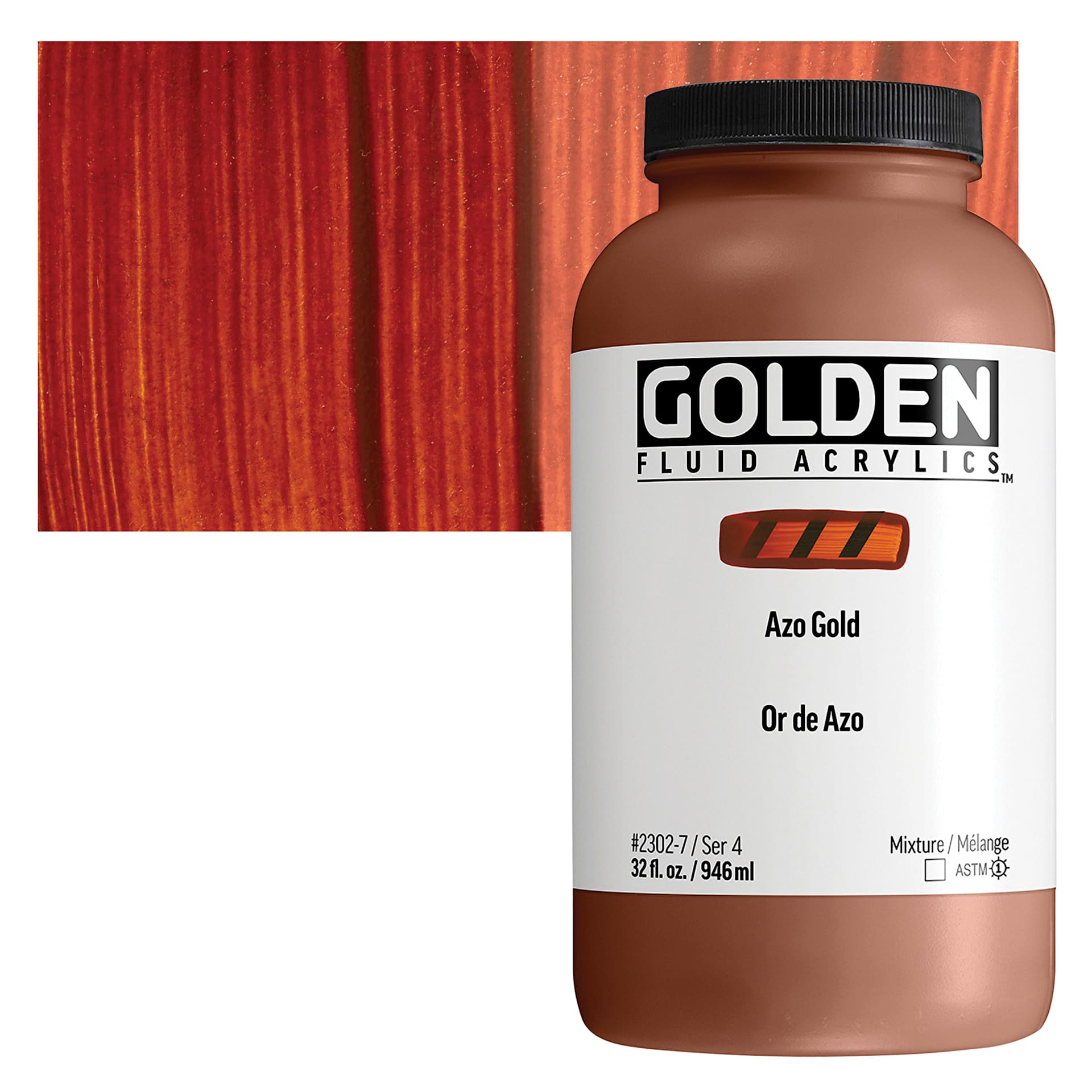 Golden Fluid Acrylic - Azo Gold, 32 oz bottle and swatch
