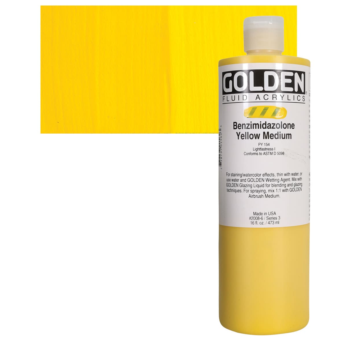 Golden Fluid Acrylic - Benzimidazolone Yellow Medium, 16 oz and swatch