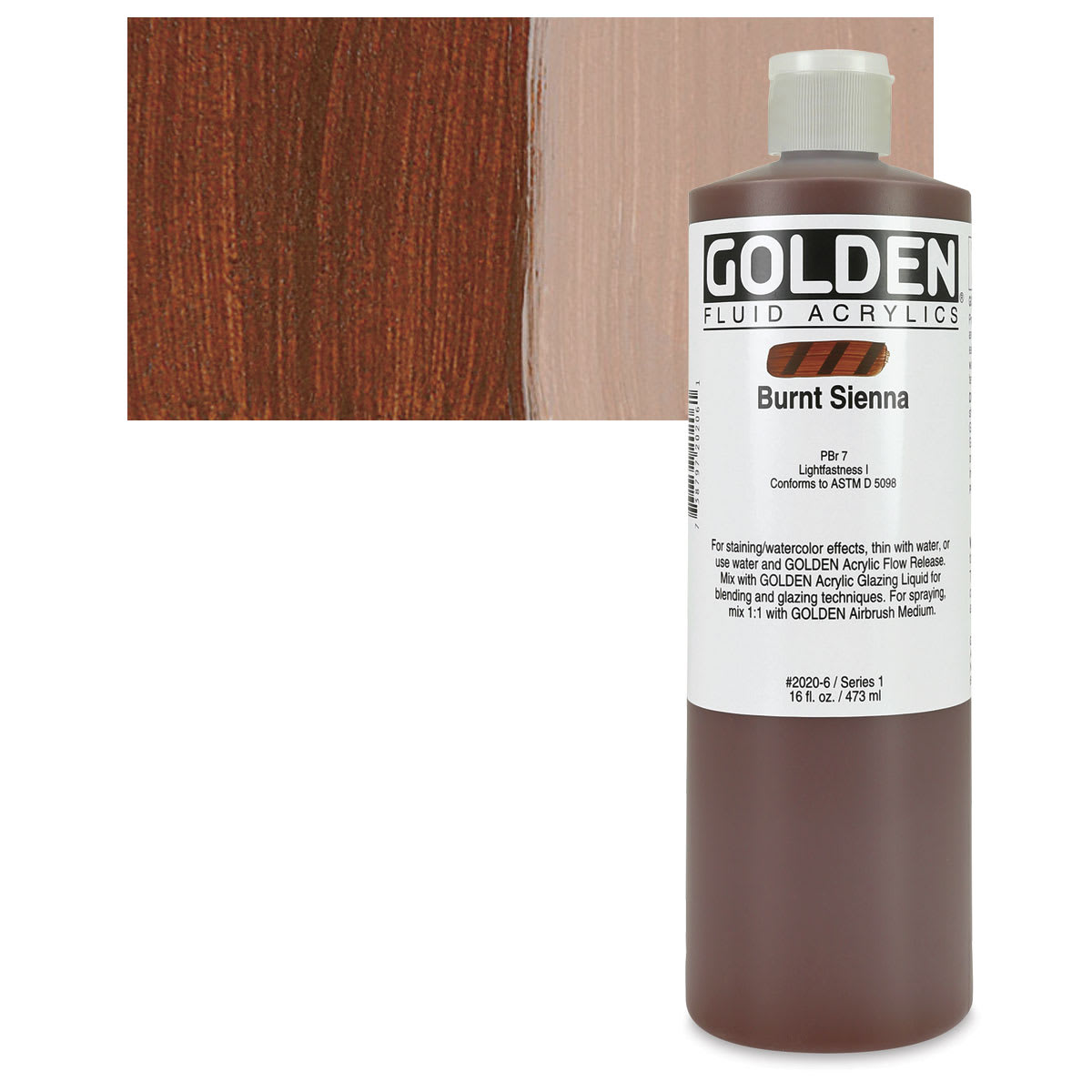 Golden Fluid Acrylic - Burnt Sienna, 16 oz bottle and swatch