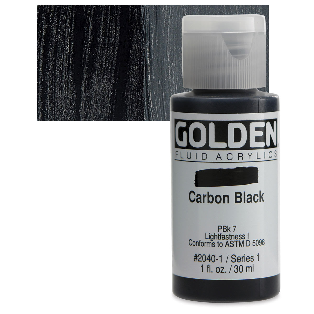 Golden Fluid Acrylic - Carbon Black, 1 oz bottle and swatch