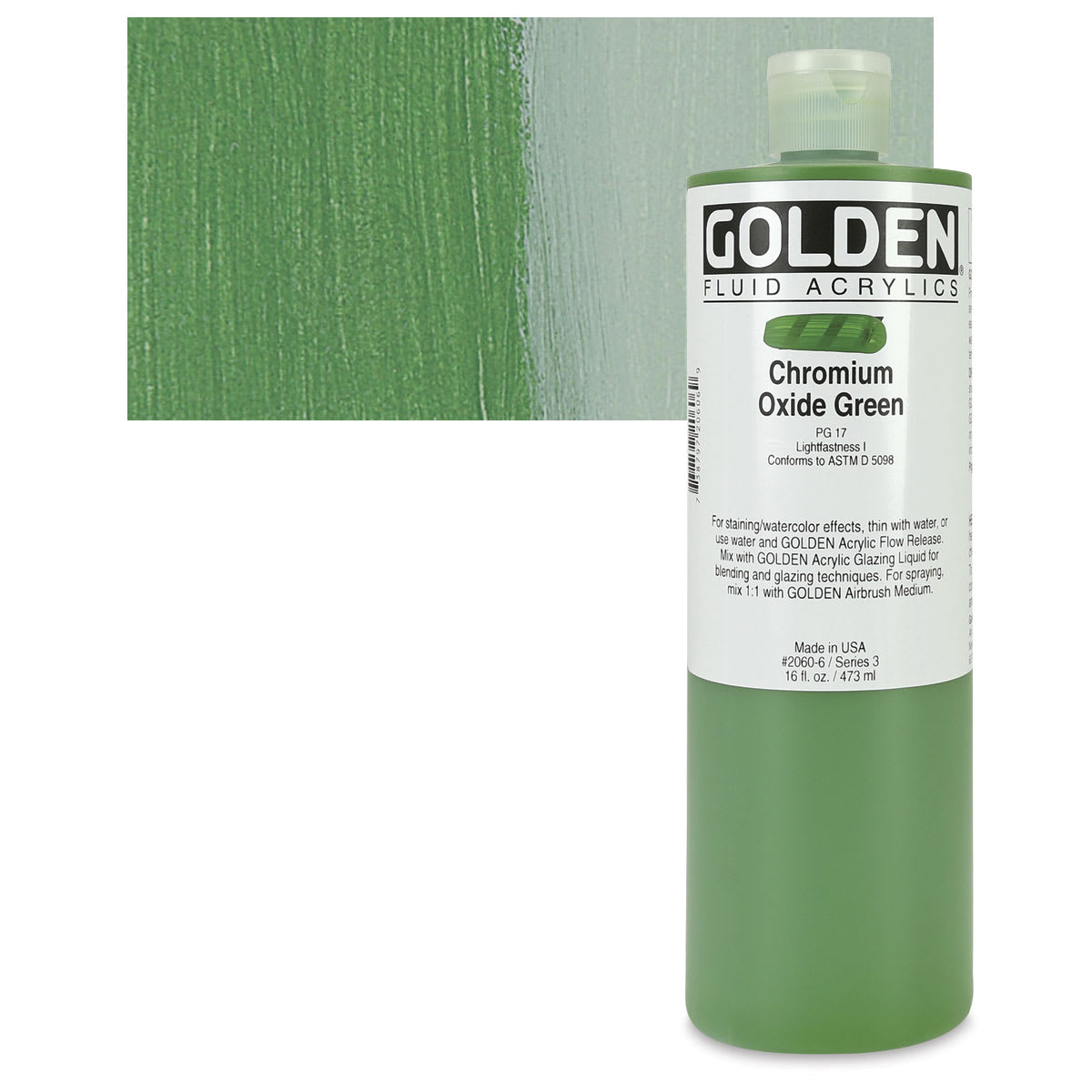 Golden Fluid Acrylic - Chromium Oxide Green, 16 oz bottle and swatch