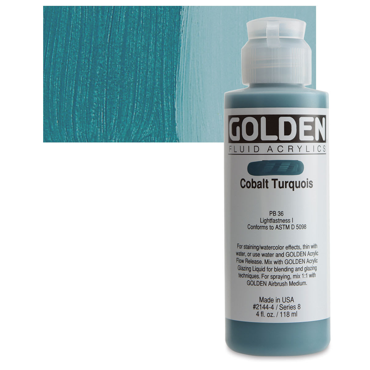 Golden Fluid Acrylic - Cobalt Turquoise, 4 oz bottle and swatch