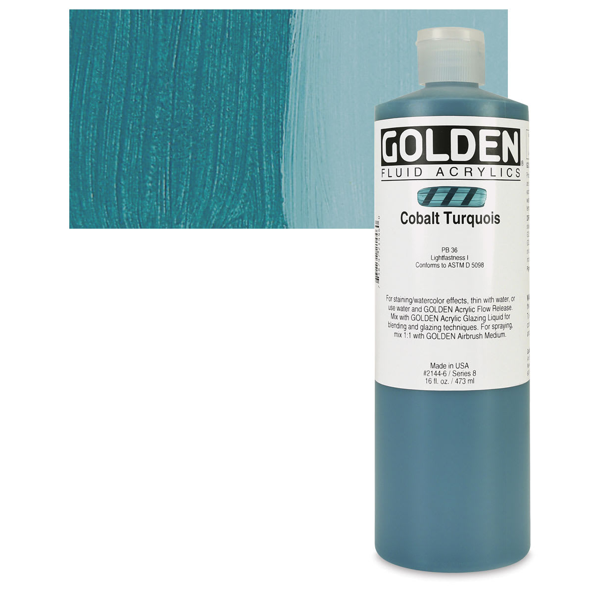 Golden Fluid Acrylic - Cobalt Turquoise, 16 oz bottle and swatch