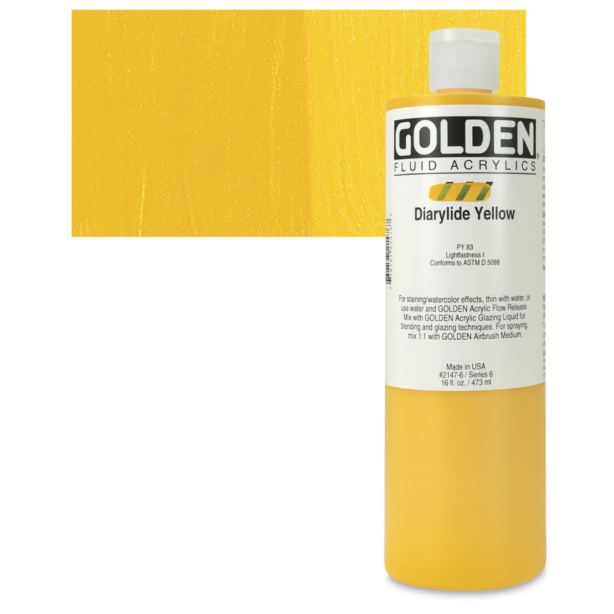 Golden Fluid Acrylic - Diarylide Yellow, 16 oz bottle and swatch