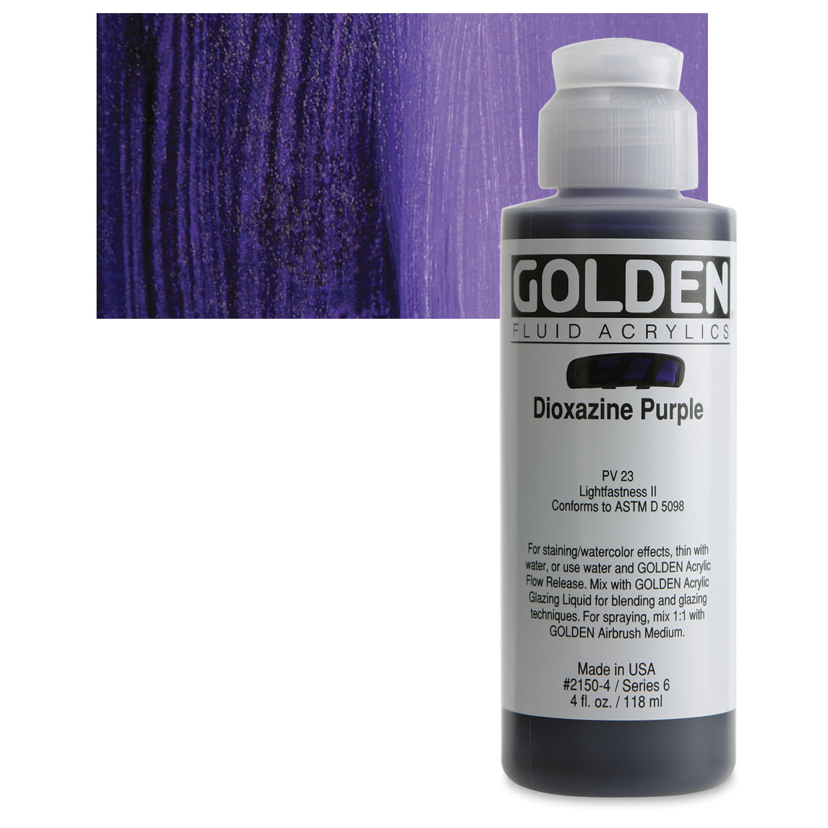 Golden Fluid Acrylic - Dioxazine Purple, 4 oz bottle and swatch