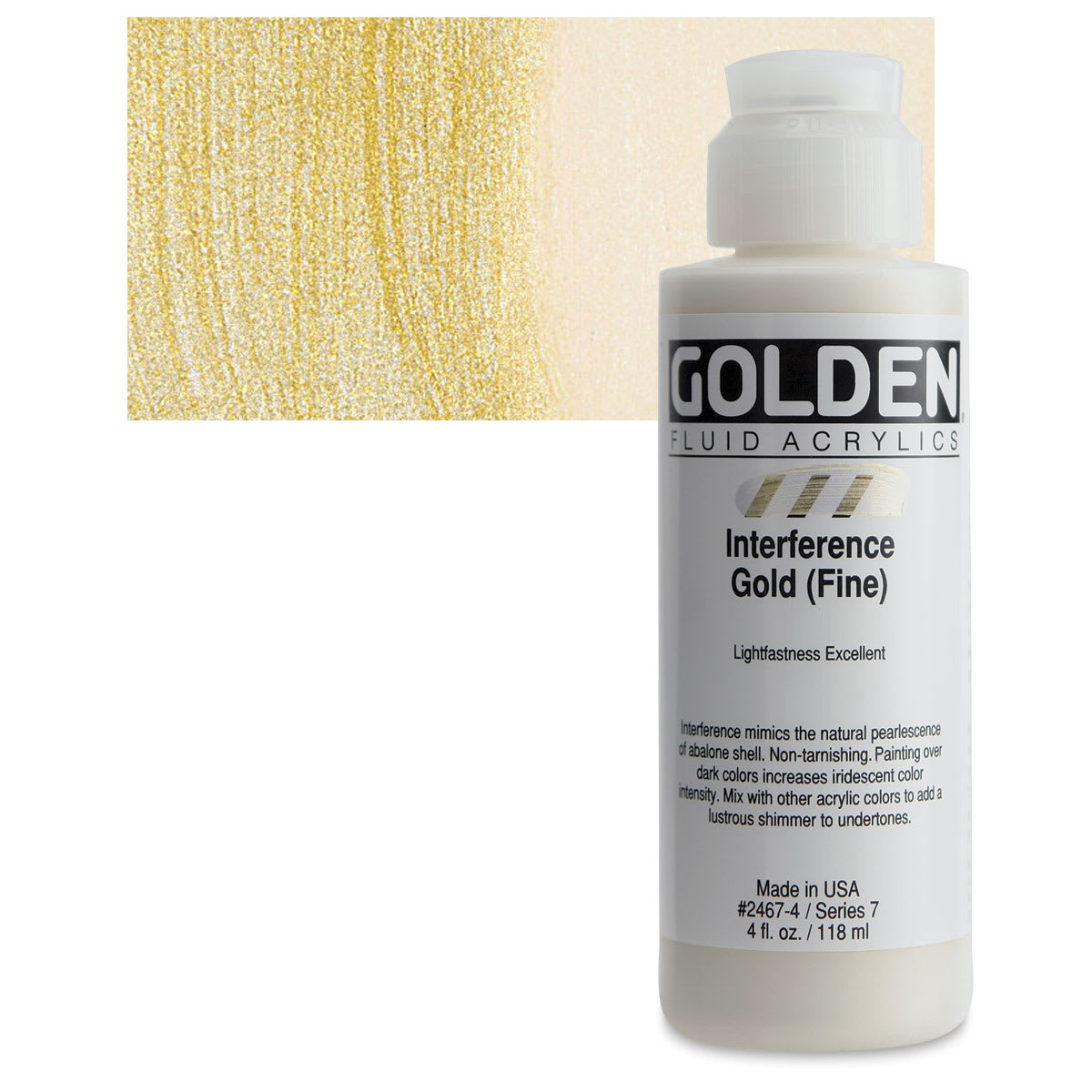 Golden Fluid Acrylic - Interference Gold (Fine), 4 oz bottle and swatch