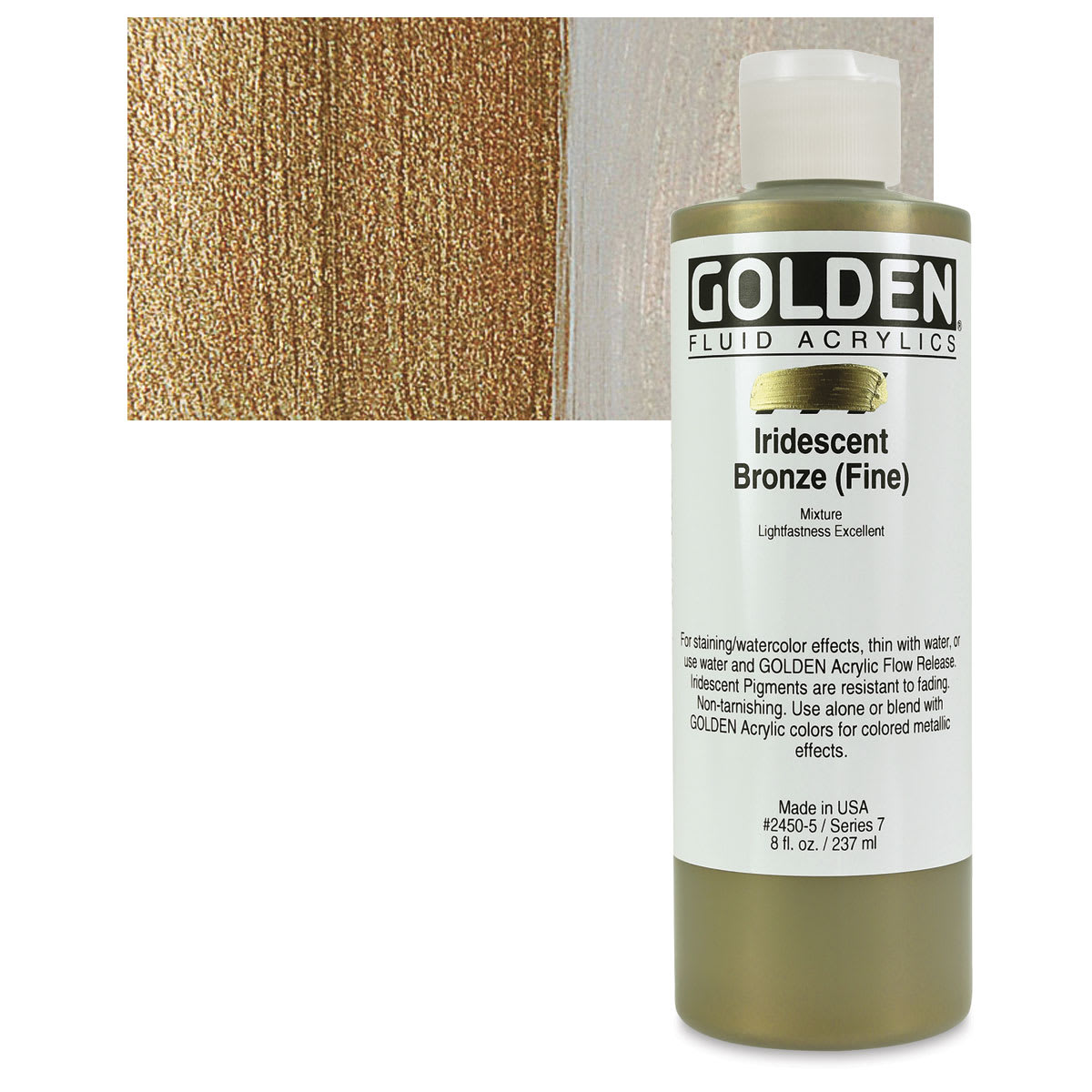 Golden Fluid Acrylic - Iridescent Bronze (Fine), 8 oz bottle and swatch