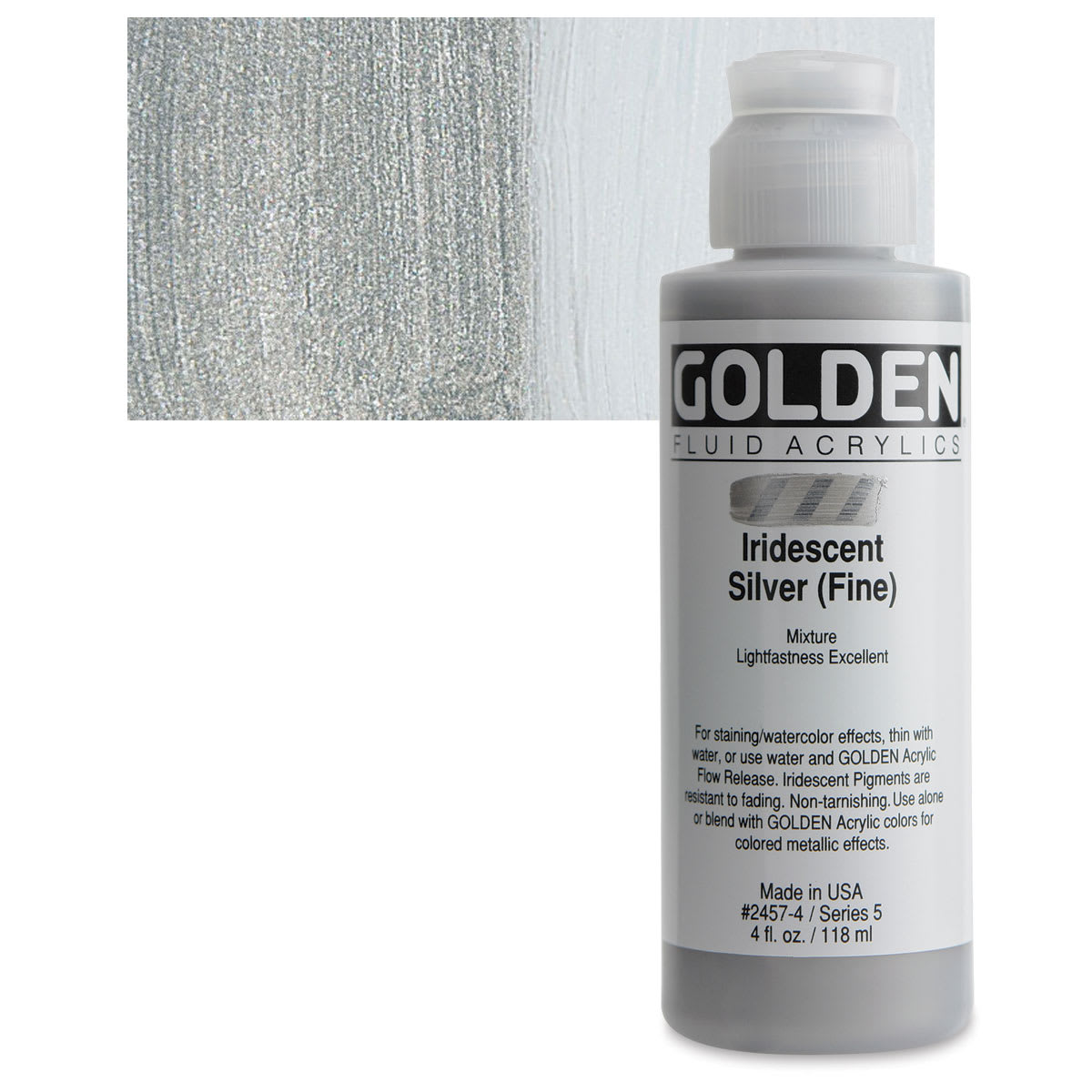 Golden Fluid Acrylic - Iridescent Silver (Fine), 4 oz bottle and swatch