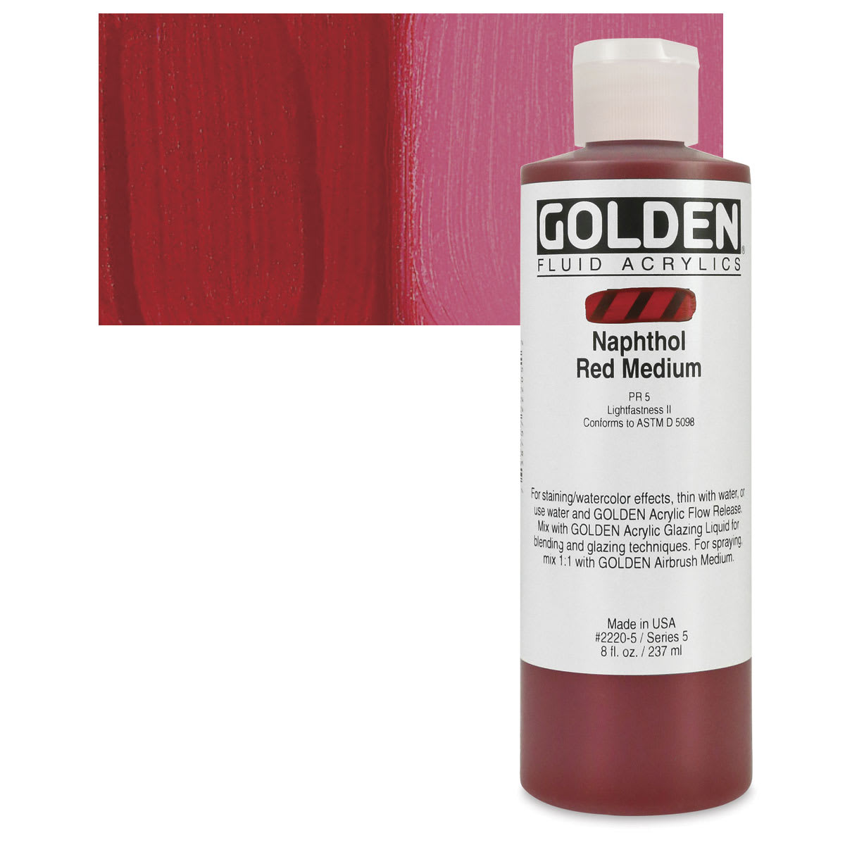 Golden Fluid Acrylic - Naphthol Red Medium, 8 oz bottle and swatch