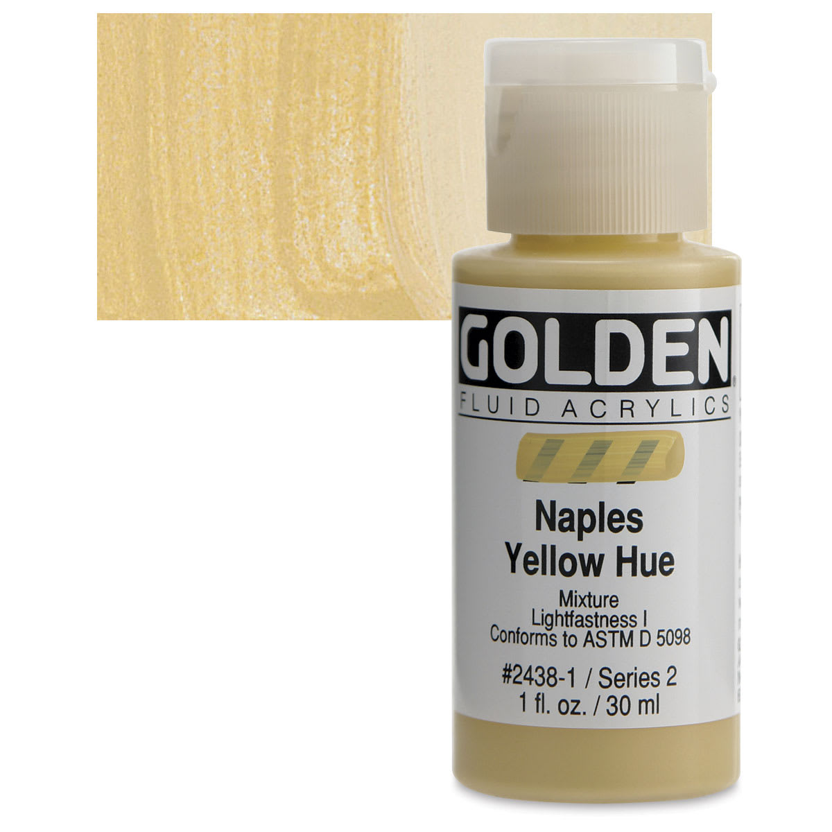 Golden Fluid Acrylic - Naples Yellow Historical Hue, 1 oz bottle and swatch
