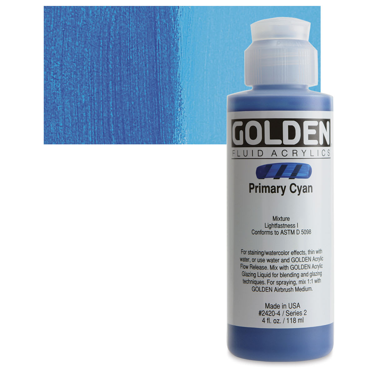 Golden Fluid Acrylic - Primary Cyan, 4 oz bottle and swatch