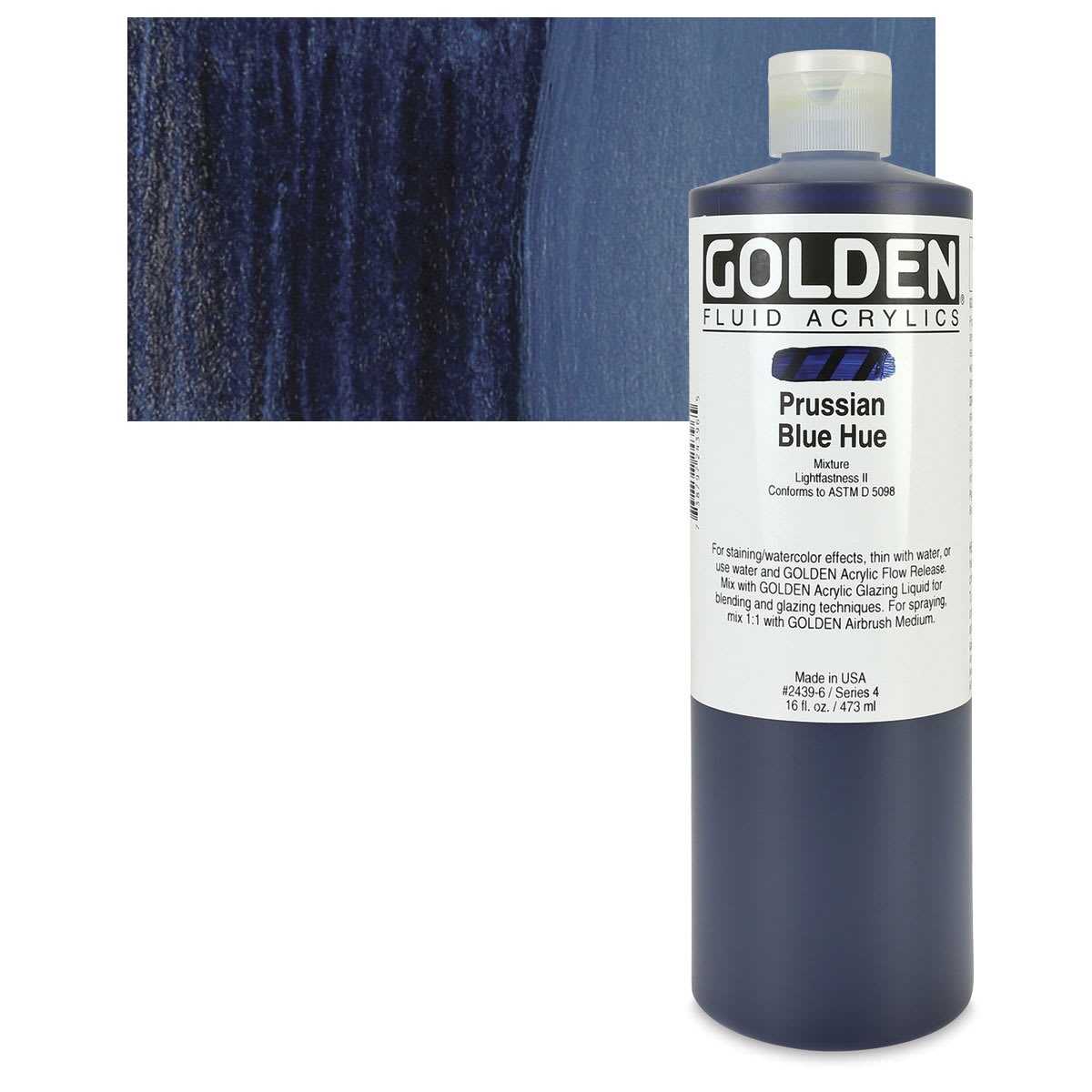 Golden Fluid Acrylic - Prussian Blue Historical Hue, 16 oz bottle and swatch