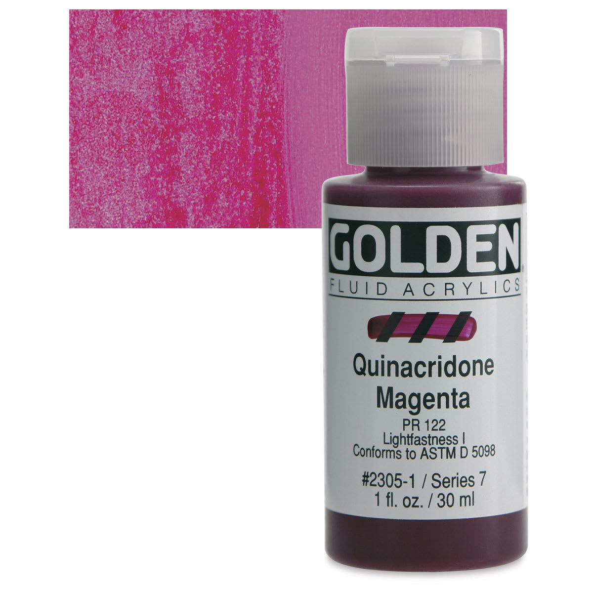 Golden Fluid Acrylic - Quinacridone Magenta, 1 oz bottle and swatch