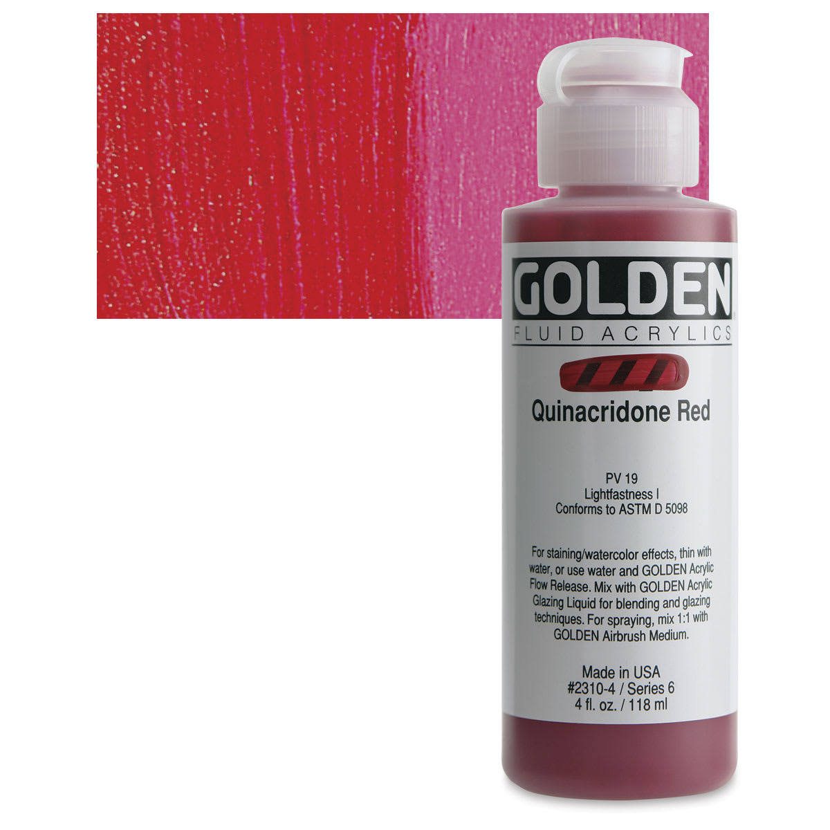 Golden Fluid Acrylic - Quinacridone Red, 4 oz bottle and swatch