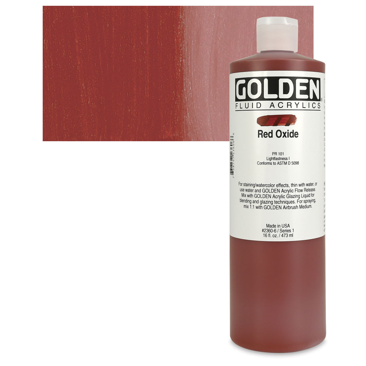 Golden Fluid Acrylic - Red Oxide, 16 oz bottle and swatch