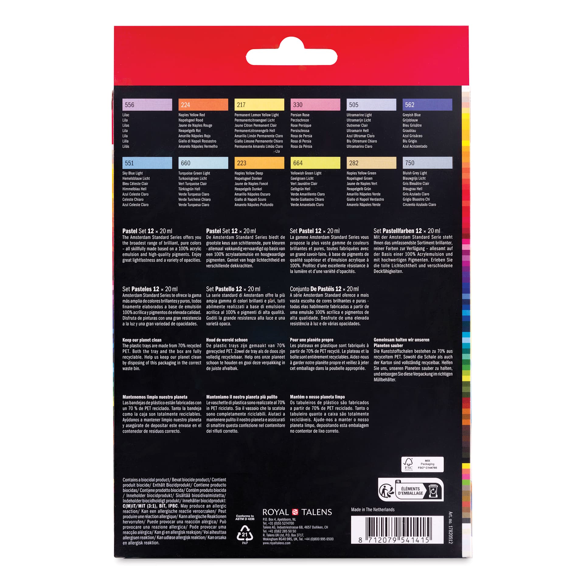 Amsterdam Standard Series Acrylics - Set of 12, Pastel, 20 ml Tubes back of package
