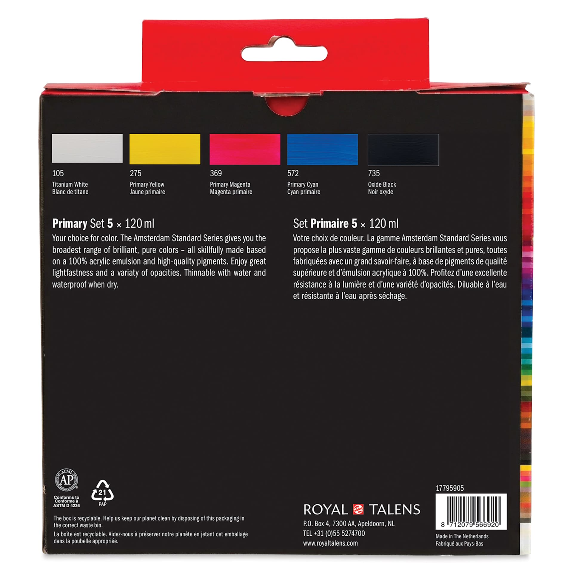 Amsterdam Standard Series Acrylics - Set of 5, Primary Colors, 120 ml Tubes back of package