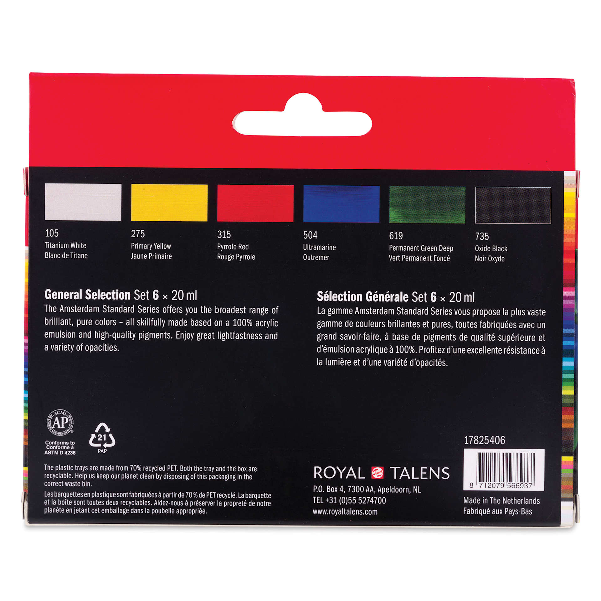 Amsterdam Standard Series Acrylics - Set of 6, General Colors, 20 ml Tubes back of package