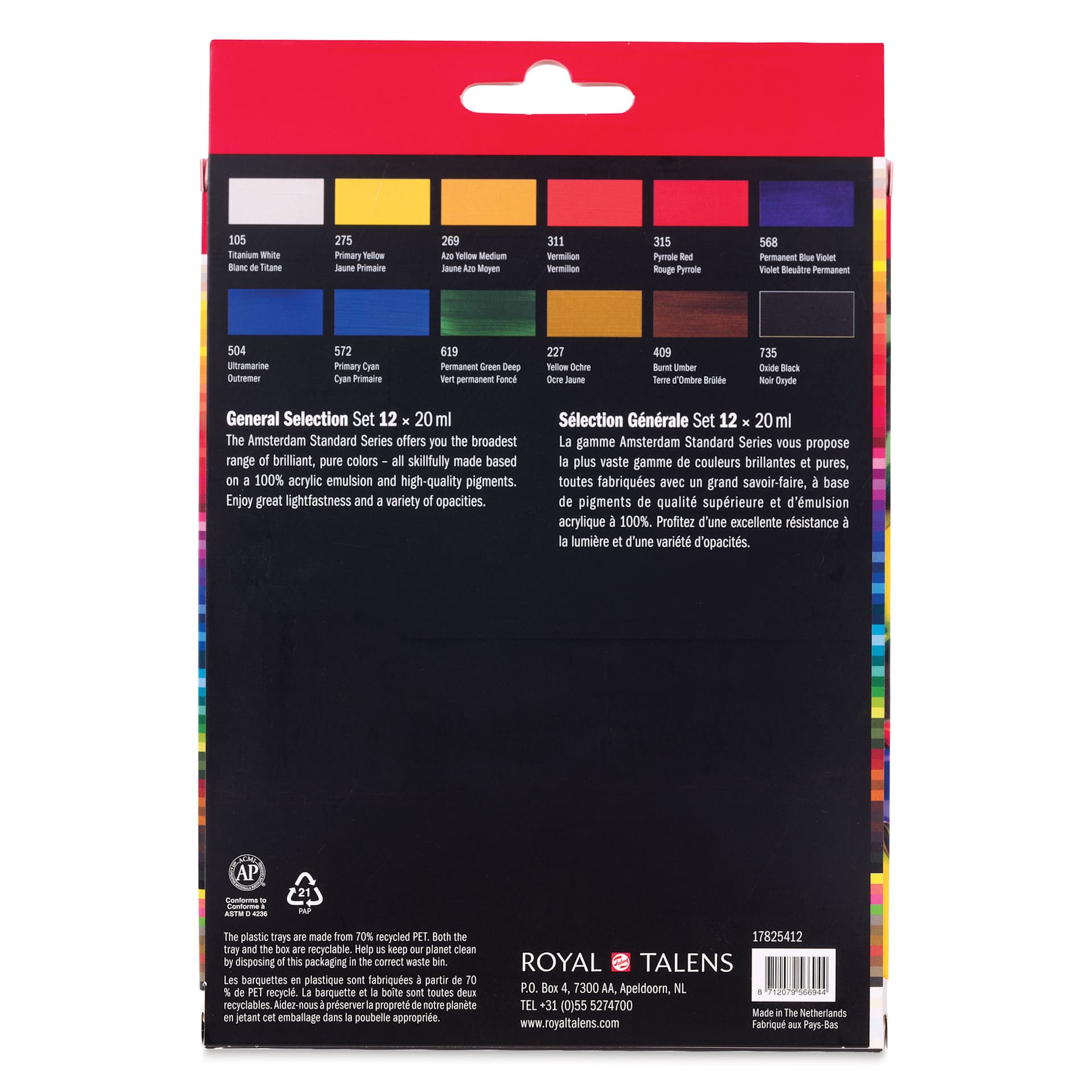 Amsterdam Standard Series Acrylics - Set of 12, General Colors, 20 ml Tubes back of package
