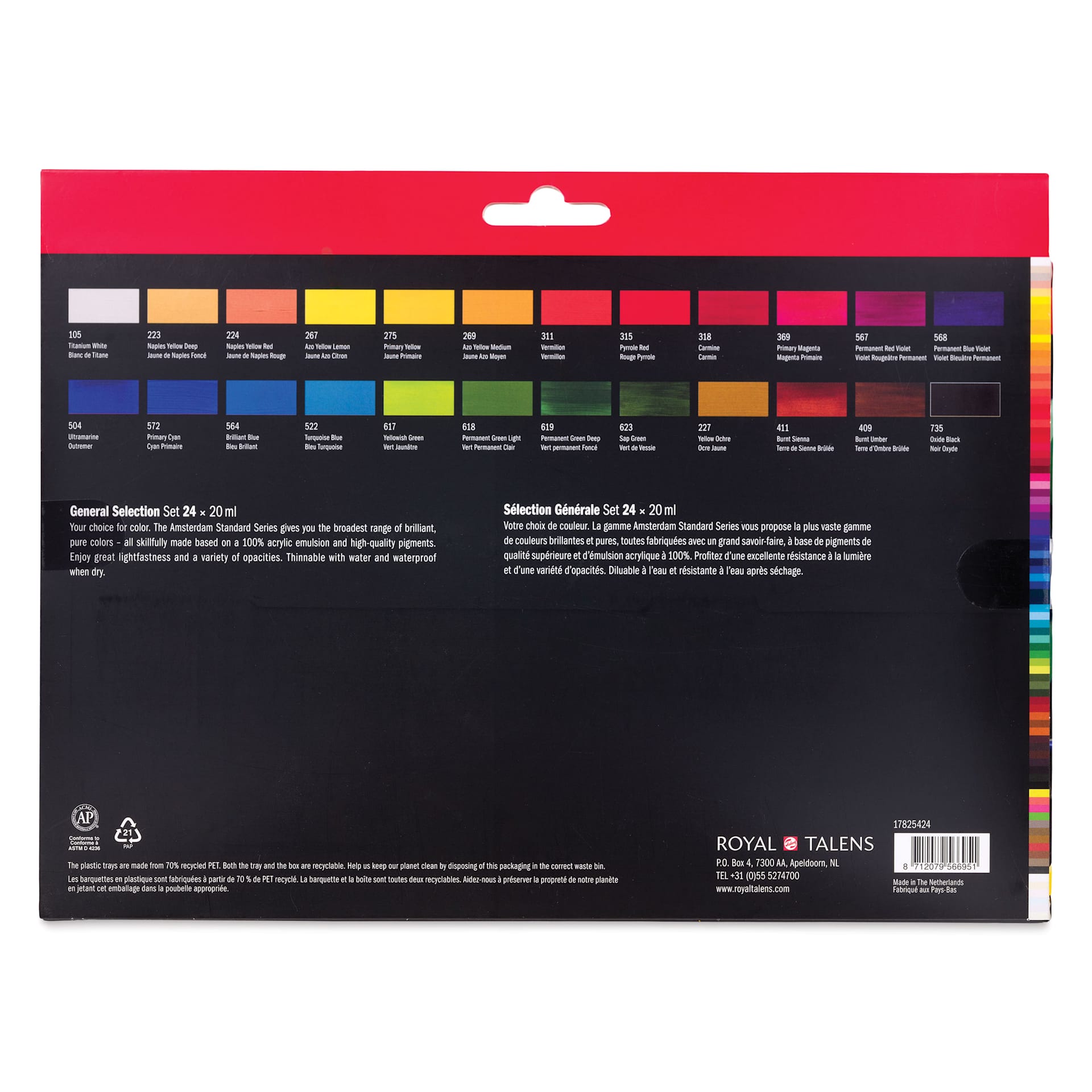 Amsterdam Standard Series Acrylics - Set of 24, General Colors, 20 ml Tubes back of package