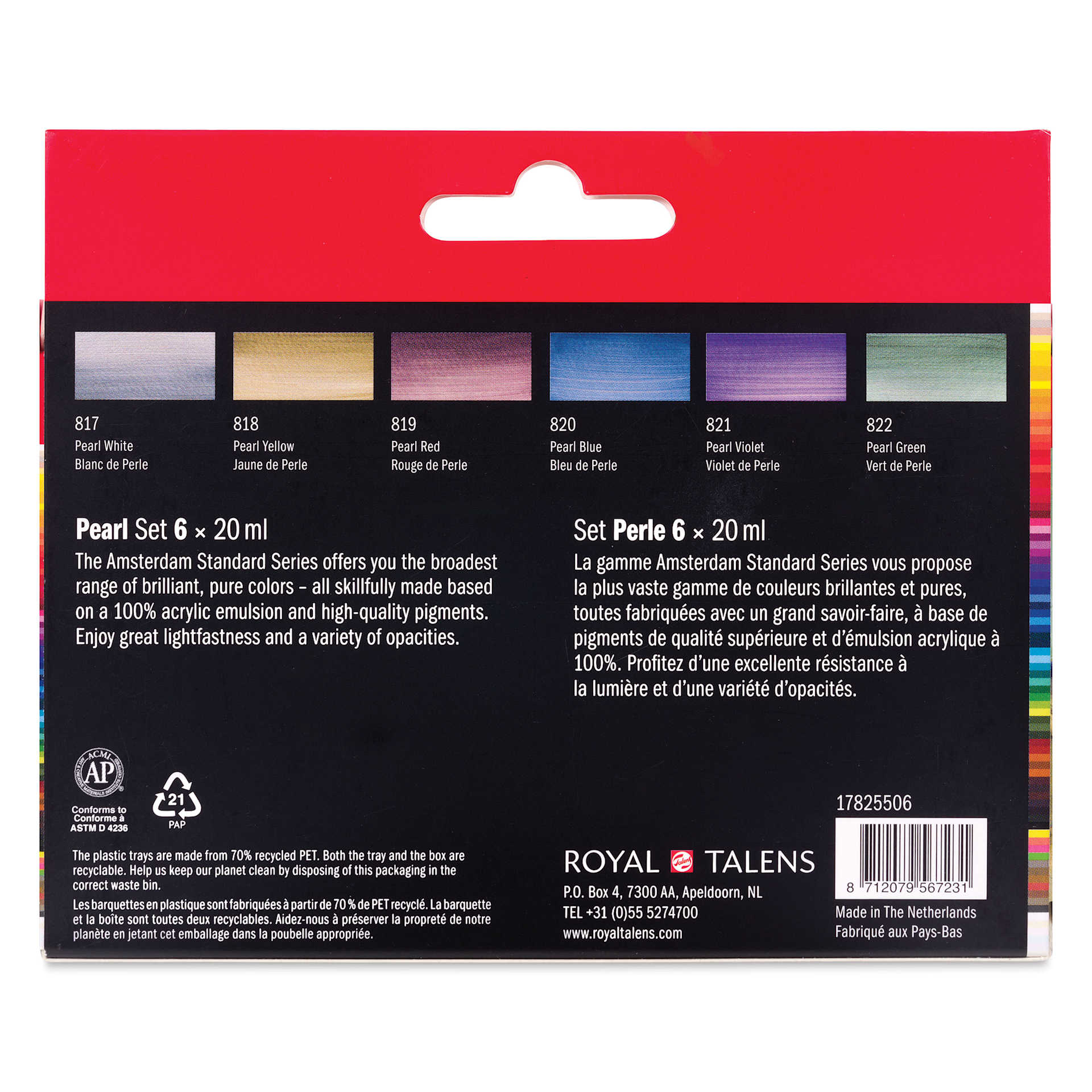 Amsterdam Standard Series Acrylics - Set of 6, Pearl Colors, 20 ml Tubes back of package
