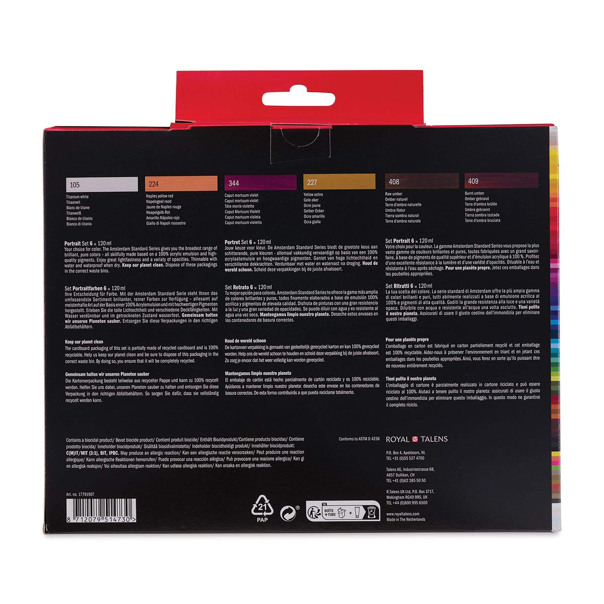 Amsterdam Standard Series Acrylics - Set of 6, Portrait Colors, 120 ml, Tubes, back of packaging