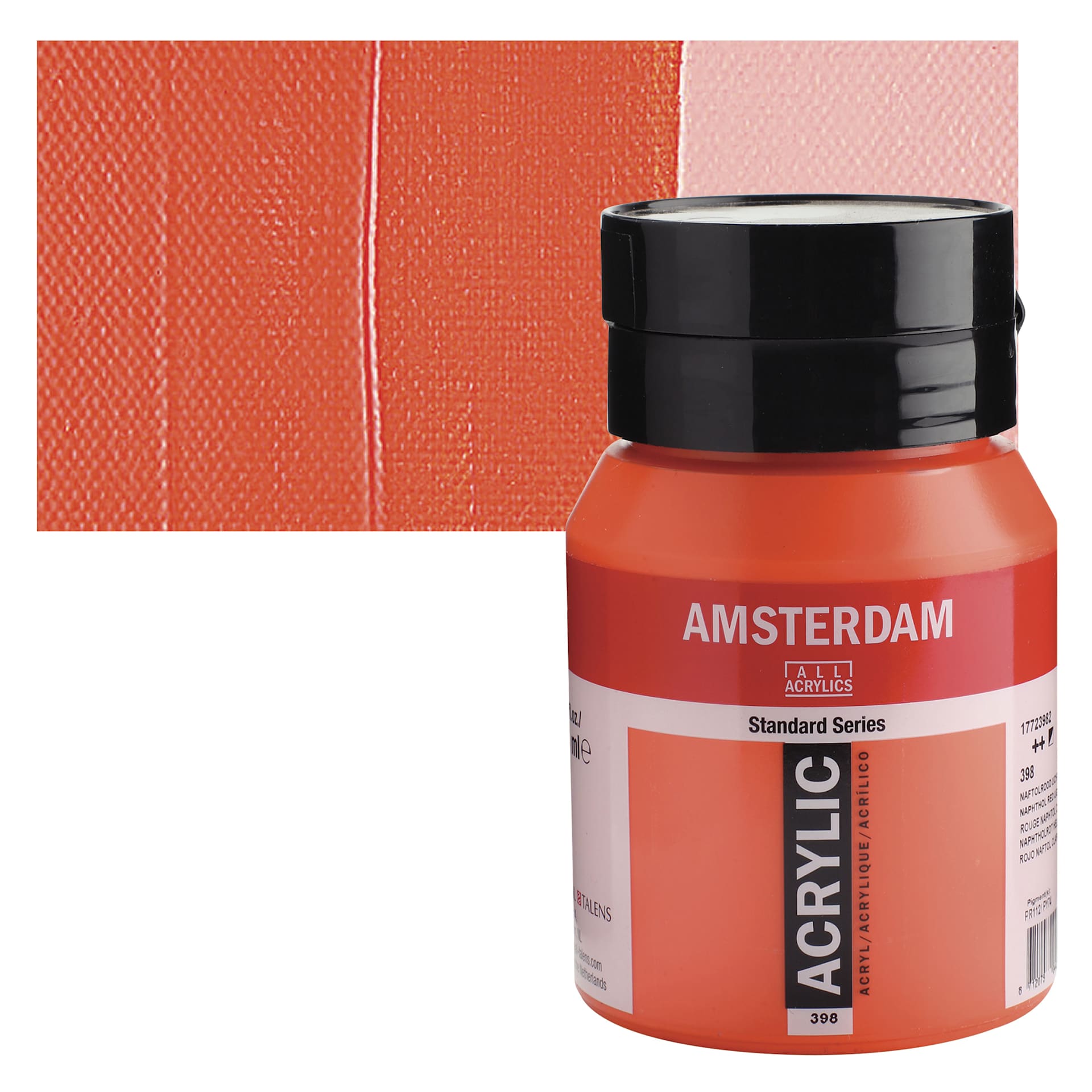 Amsterdam Standard Series Acrylic - Naphthol Red Light, 500 ml bottle and swatch