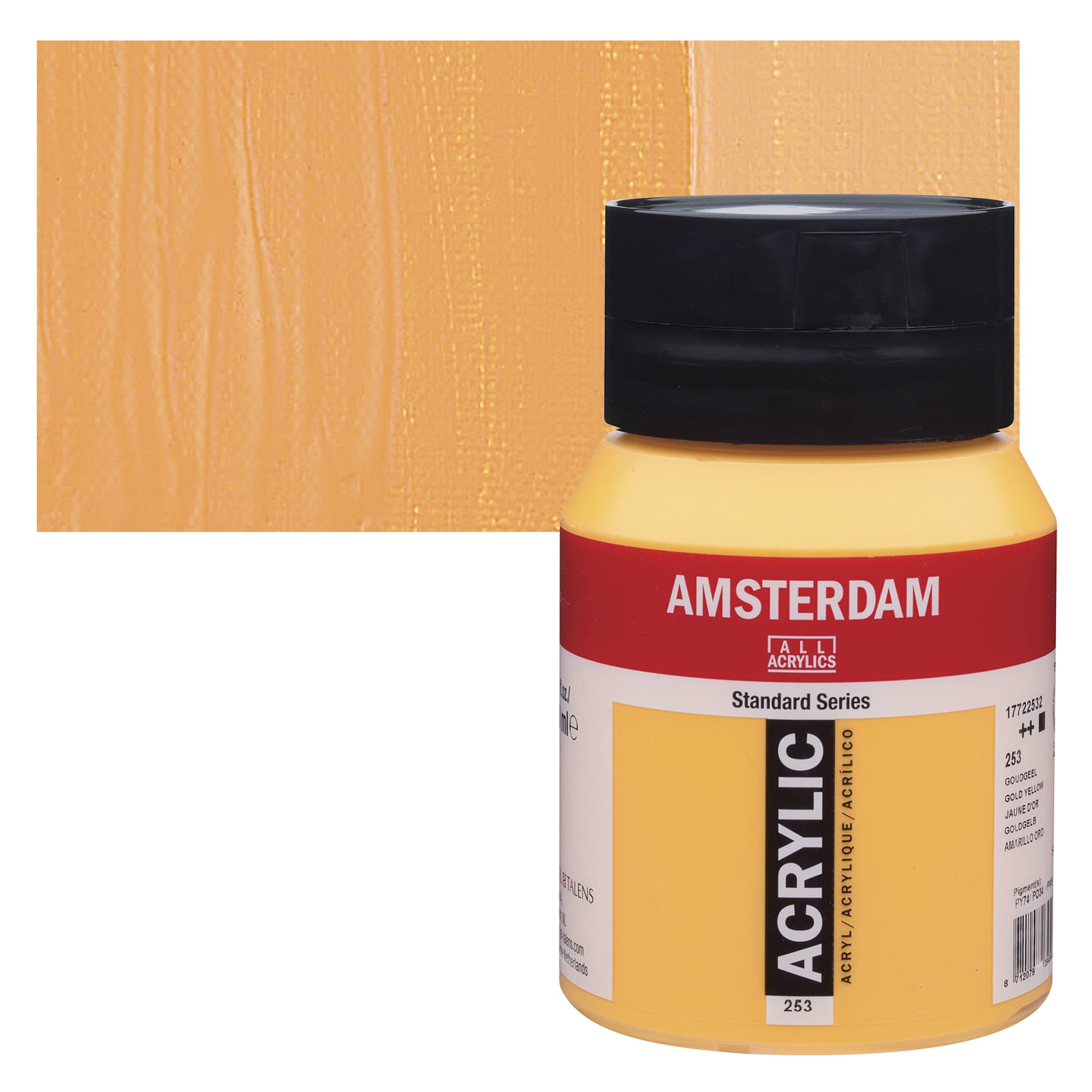 Amsterdam Standard Series Acrylic - Gold Yellow, 500 ml bottle and swatch