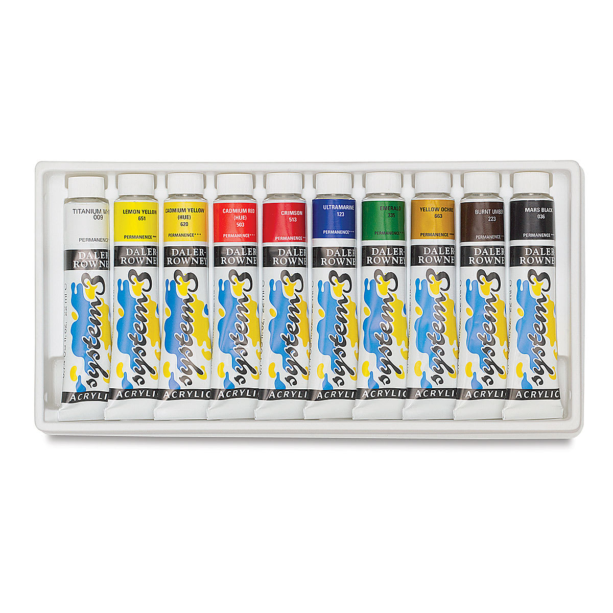 Daler-Rowney System3 Acrylics - Component Tubes of Intro Set 10 colors in tray