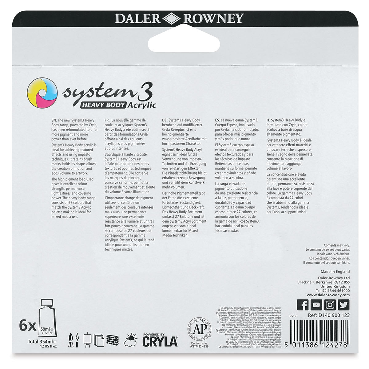 Daler-Rowney System3 Heavy Body Acrylic Paint Set - Starter Set, Assorted Colors, Set of 6, 59 ml, Tubes (Back of packaging) Daler-Rowney System3 Heavy Body Acrylic Paint Set - Starter Set, Assorted Colors, Set of 6, 59 ml, Tubes (Back of packaging)