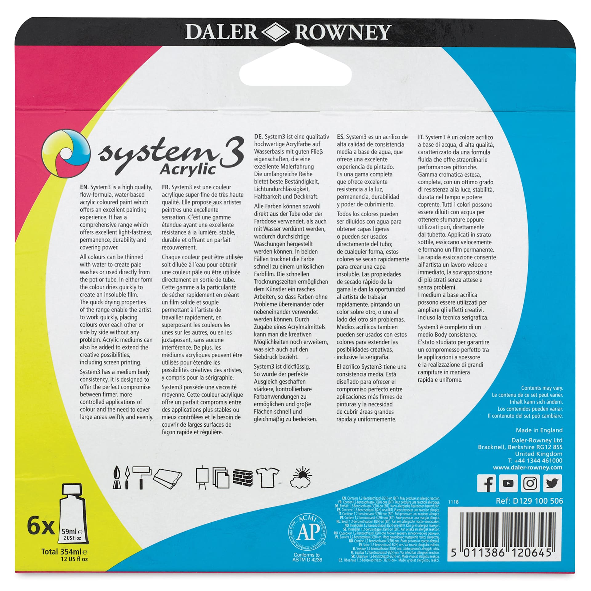 Daler-Rowney System3 Acrylics - Process Set, Set of 6, 59 ml Tubes (Back of package)