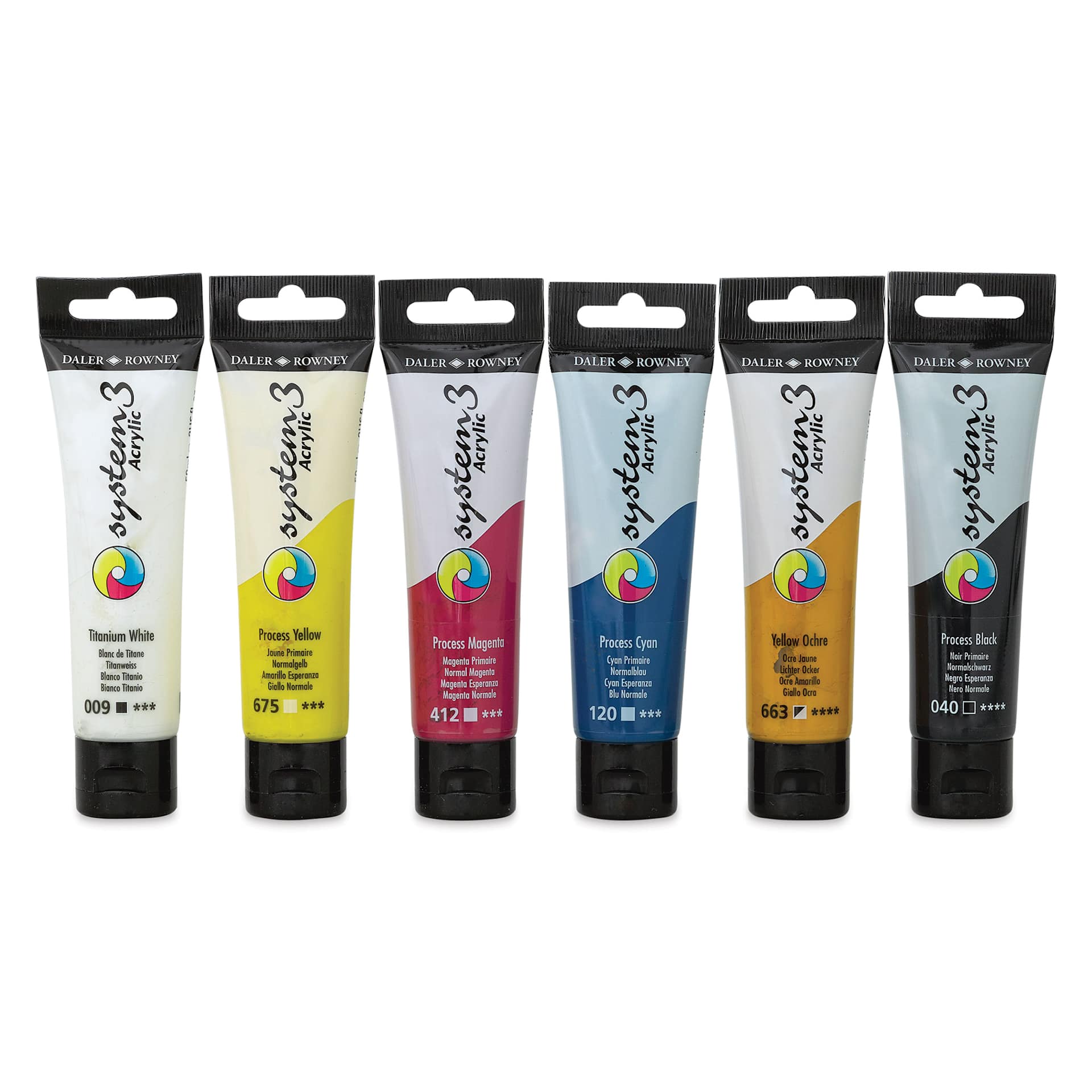 Daler-Rowney System3 Acrylics - Process Set, Set of 6, 59 ml Tubes (Front of tubes)