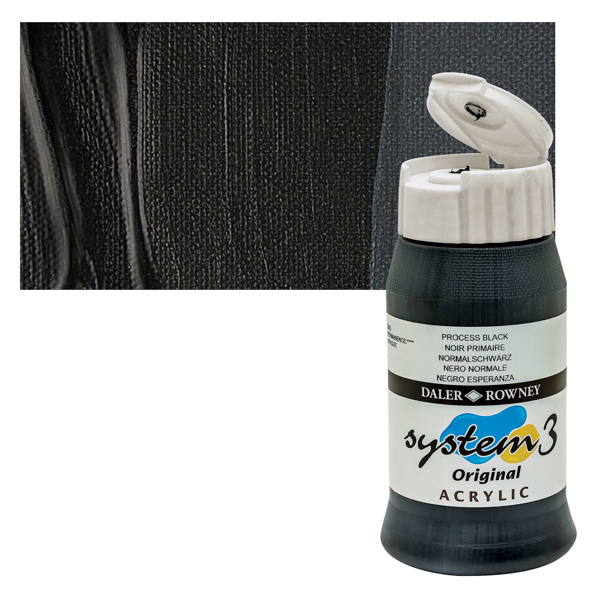 Daler-Rowney System3 Acrylic - Process Black, 500 bottle and swatch