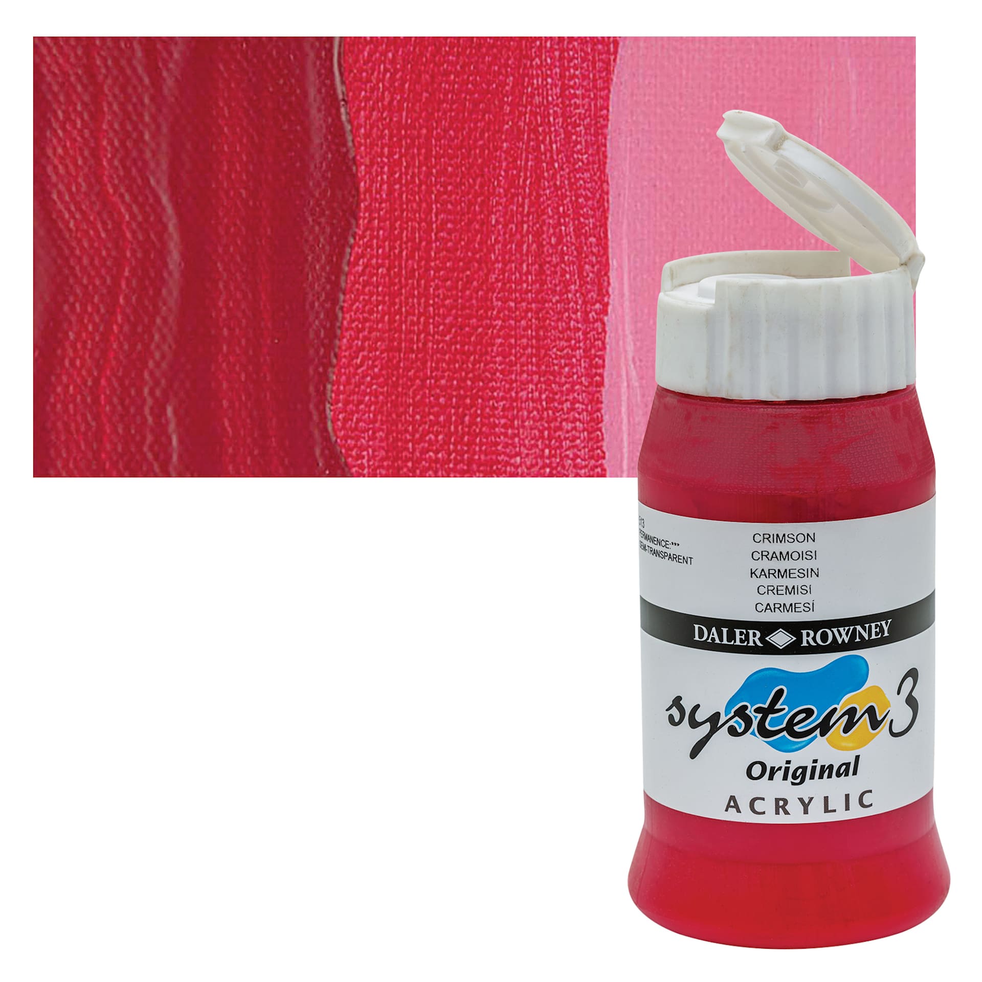 Daler-Rowney System3 Acrylic - Crimson, 500 ml bottle and swatch